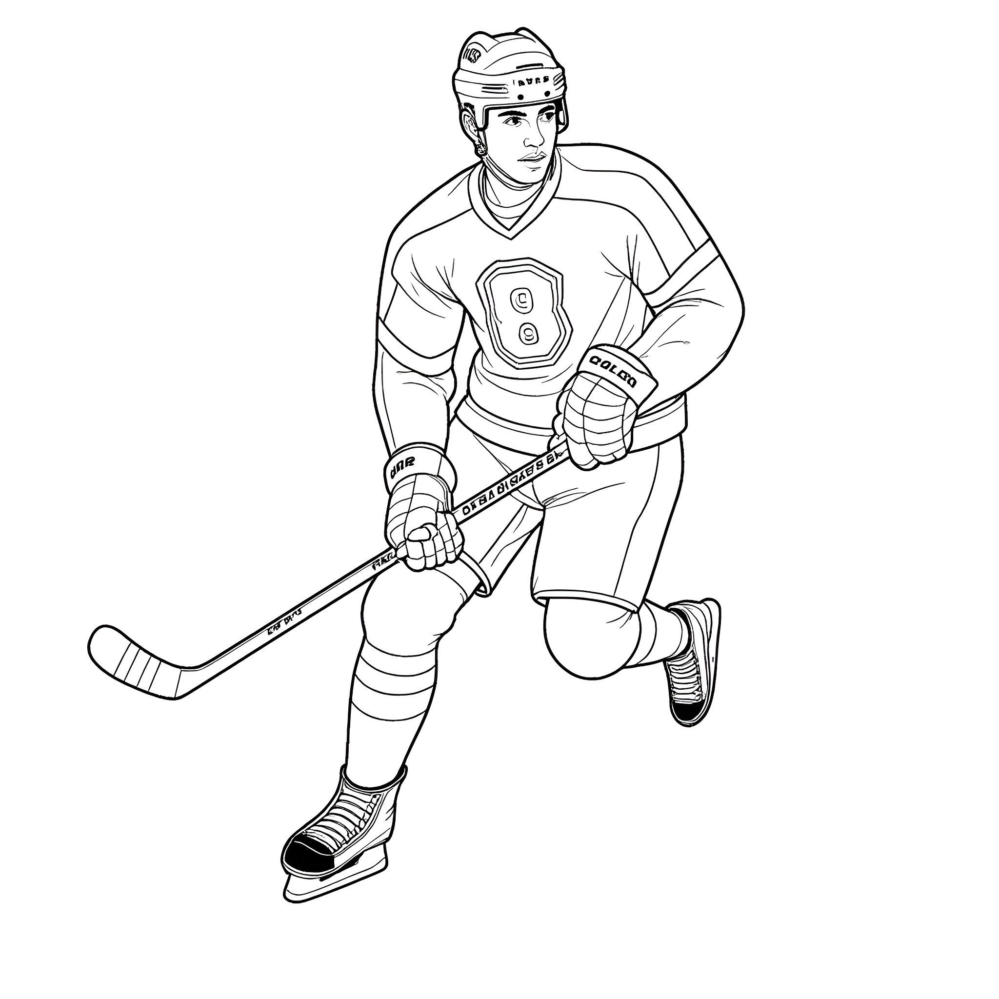 Hockey Player in Action Pose Coloring Page (free black-and-white line drawing printable PDF for all, from beginners to advanced learners, including children, teens, adults, and seniors)