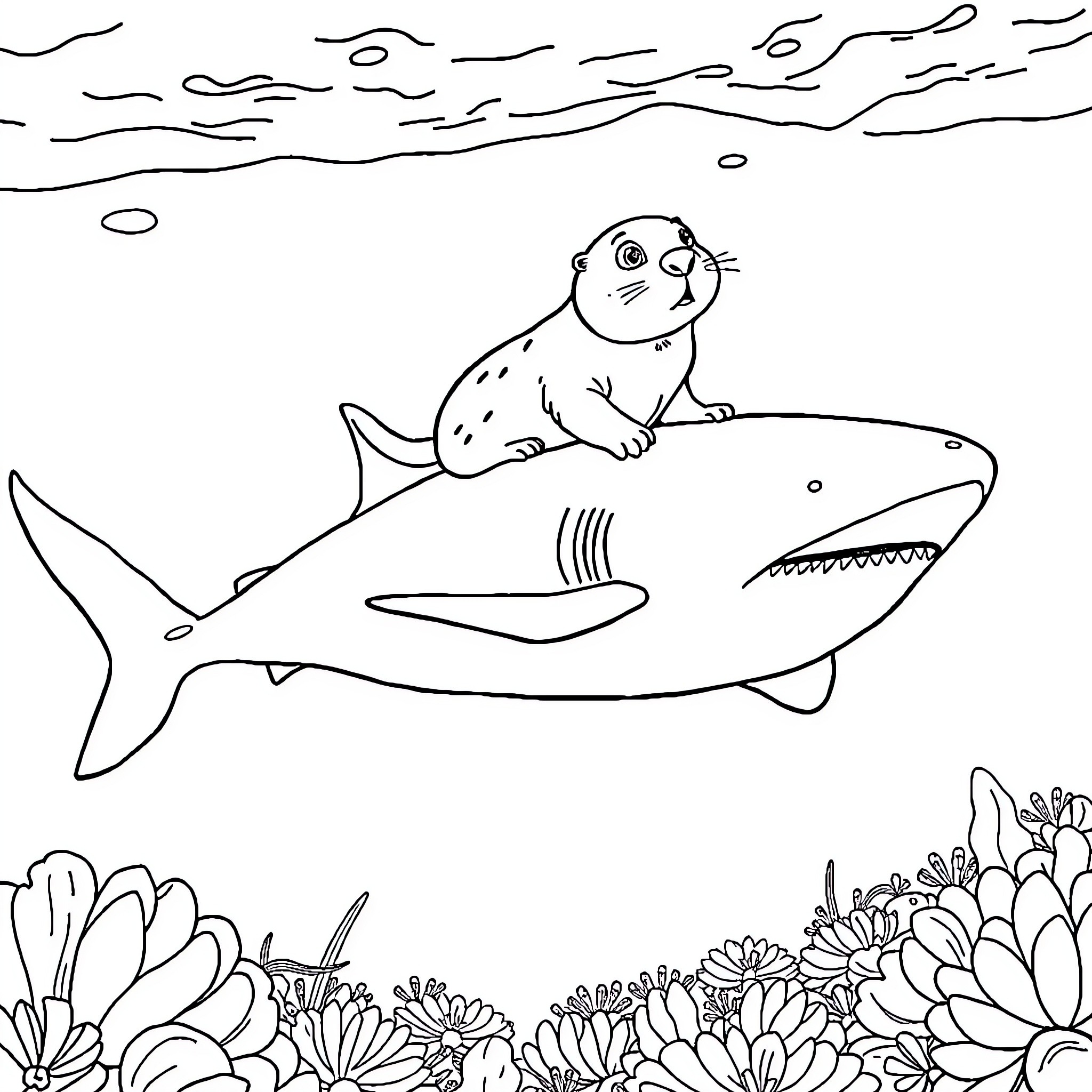 Prairie Dog riding on a Shark in the Ocean Coloring Page (free black-and-white line drawing printable PDF for all, from beginners to advanced learners, including children, teens, adults, and seniors)