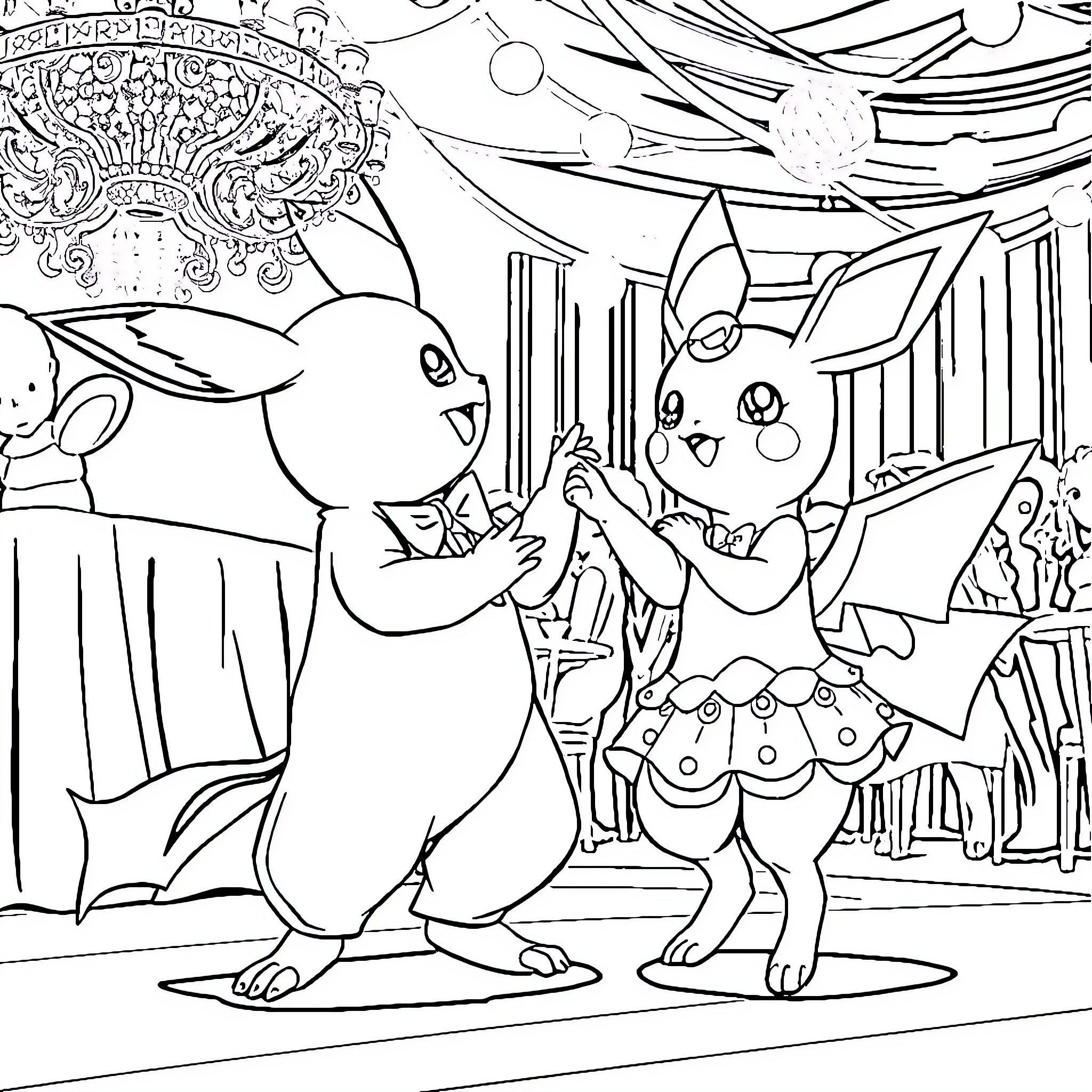 Pokémon Performers Dancing on Stage Coloring Page (free black-and-white line drawing printable PDF for all, from beginners to advanced learners, including children, teens, adults, and seniors)
