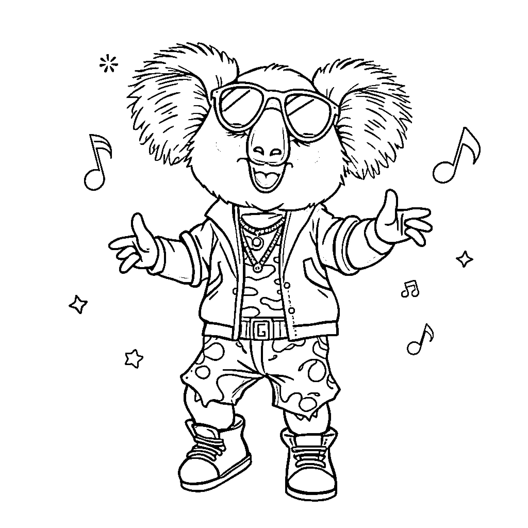 Koala singer performing happily on stage Coloring Page (free black-and-white line drawing printable PDF for all, from beginners to advanced learners, including children, teens, adults, and seniors)