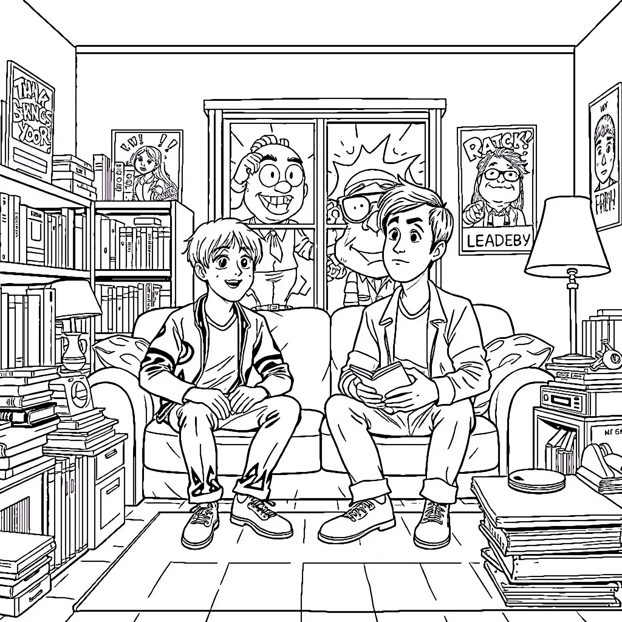 Big Bang Theory: Nerdy Friends Enjoying a Cozy Hangout Coloring Page (free black-and-white line drawing printable PDF for all, from beginners to advanced learners, including children, teens, adults, and seniors)