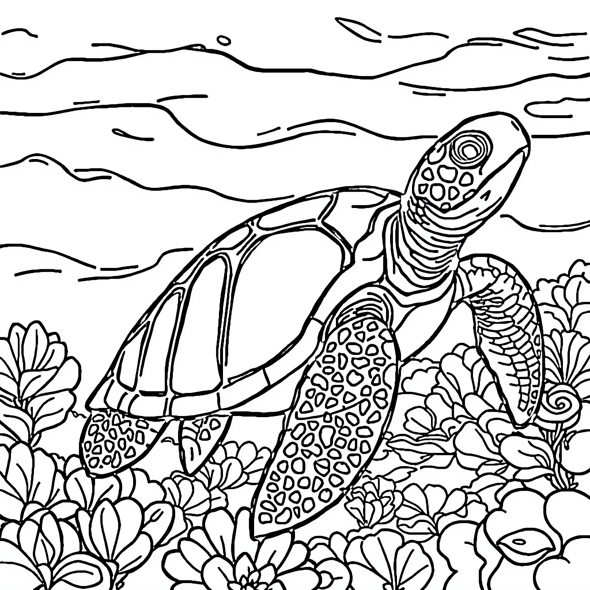 Turtle swimming through a vibrant underwater scene Coloring Page (free black-and-white line drawing printable PDF for all, from beginners to advanced learners, including children, teens, adults, and seniors)