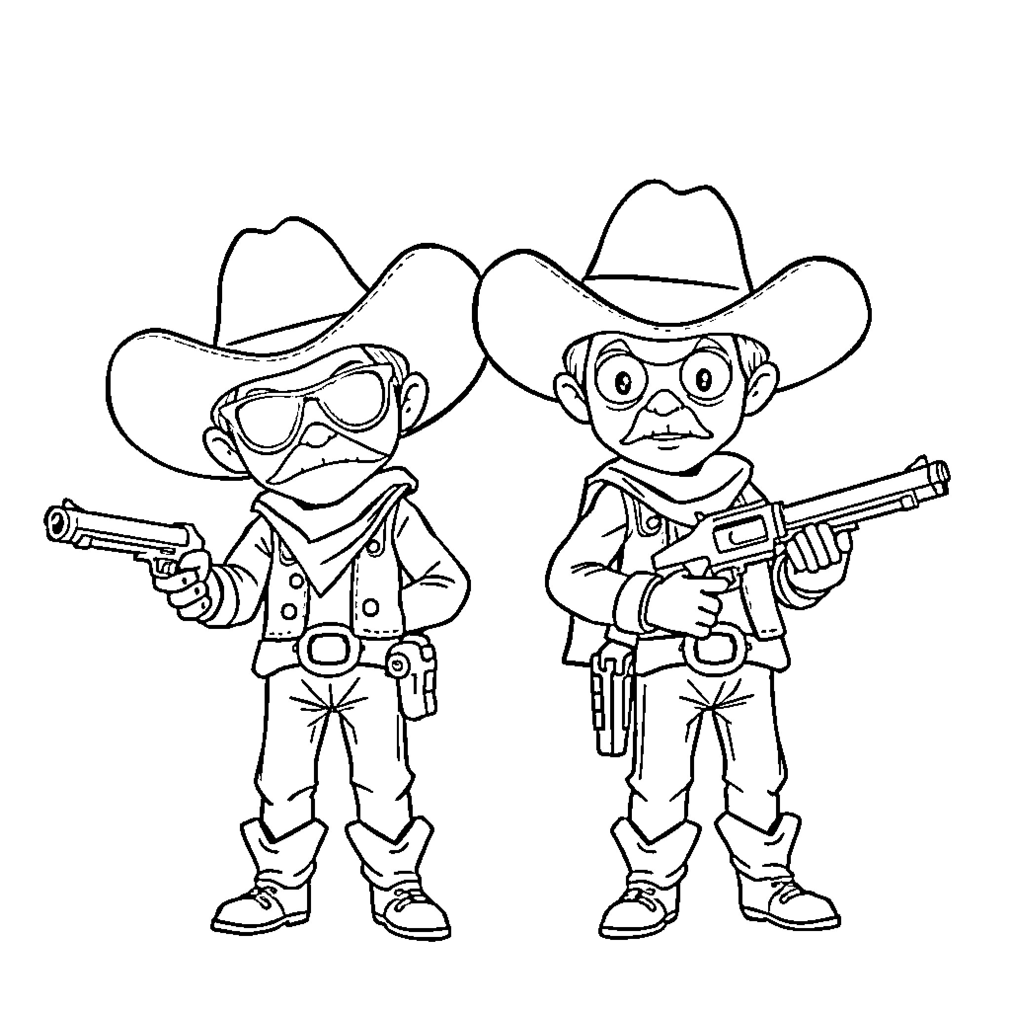 Bandit cowboys with guns and cowboy hats Coloring Page (free black-and-white line drawing printable PDF for all, from beginners to advanced learners, including children, teens, adults, and seniors)