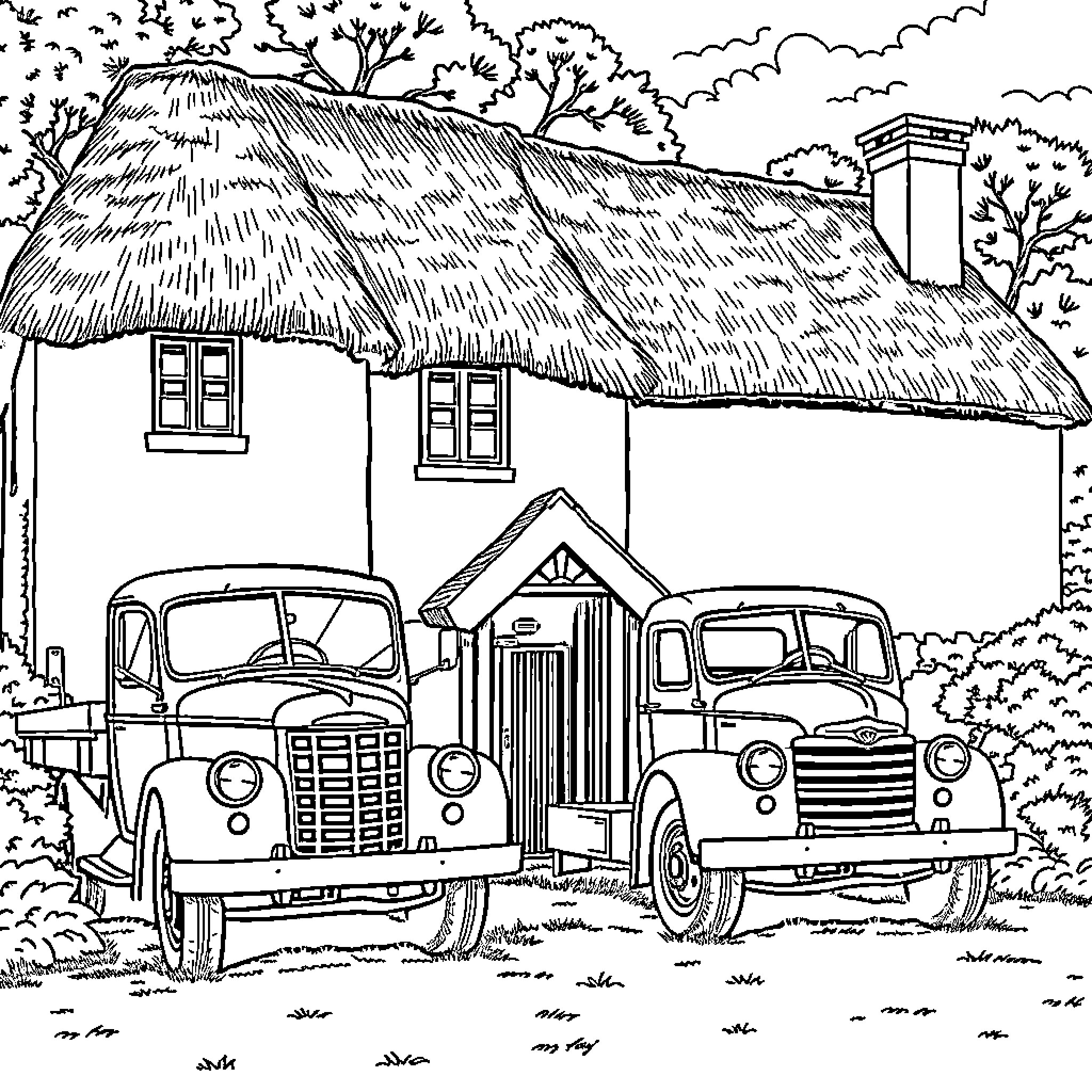 Truck with Vintage Vehicles at Thatched Cottage Coloring Page (free black-and-white line drawing printable PDF for all, from beginners to advanced learners, including children, teens, adults, and seniors)