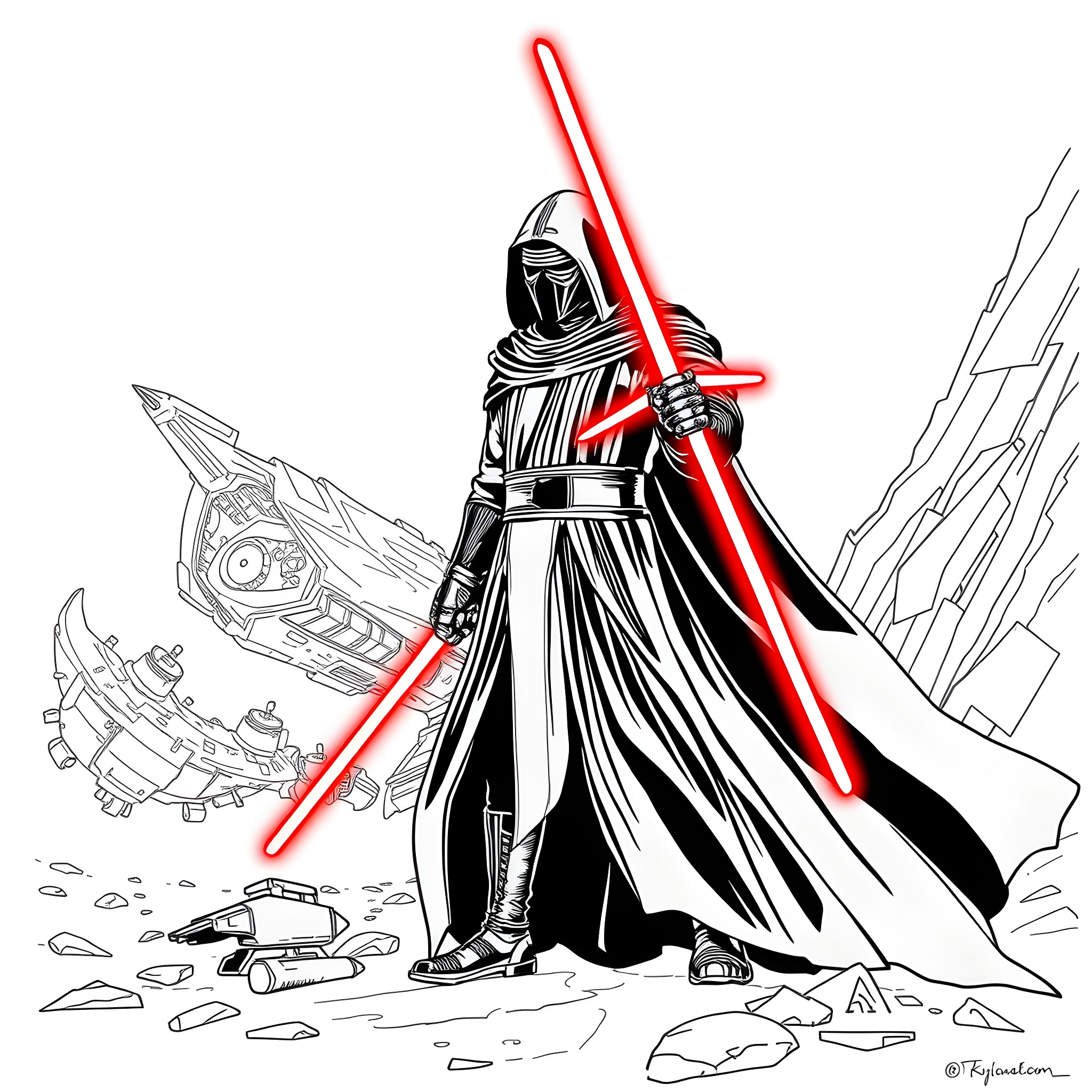 Kylo Ren wielding a red lightsaber in a destructive scene Coloring Page (free black-and-white line drawing printable PDF for all, from beginners to advanced learners, including children, teens, adults, and seniors)
