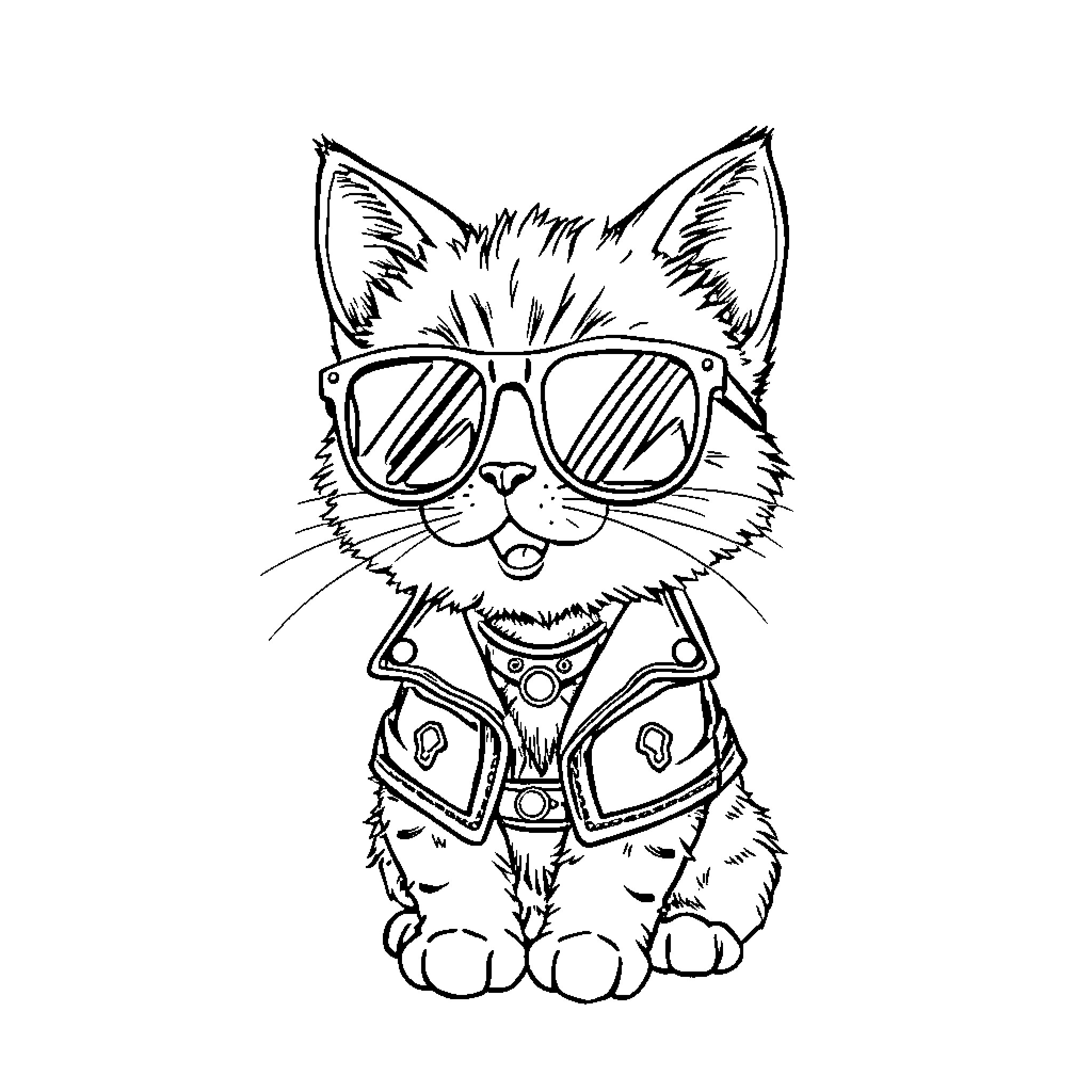 Kitty rocking cool sunglasses and biker jacket Coloring Page (free black-and-white line drawing printable PDF for all, from beginners to advanced learners, including children, teens, adults, and seniors)