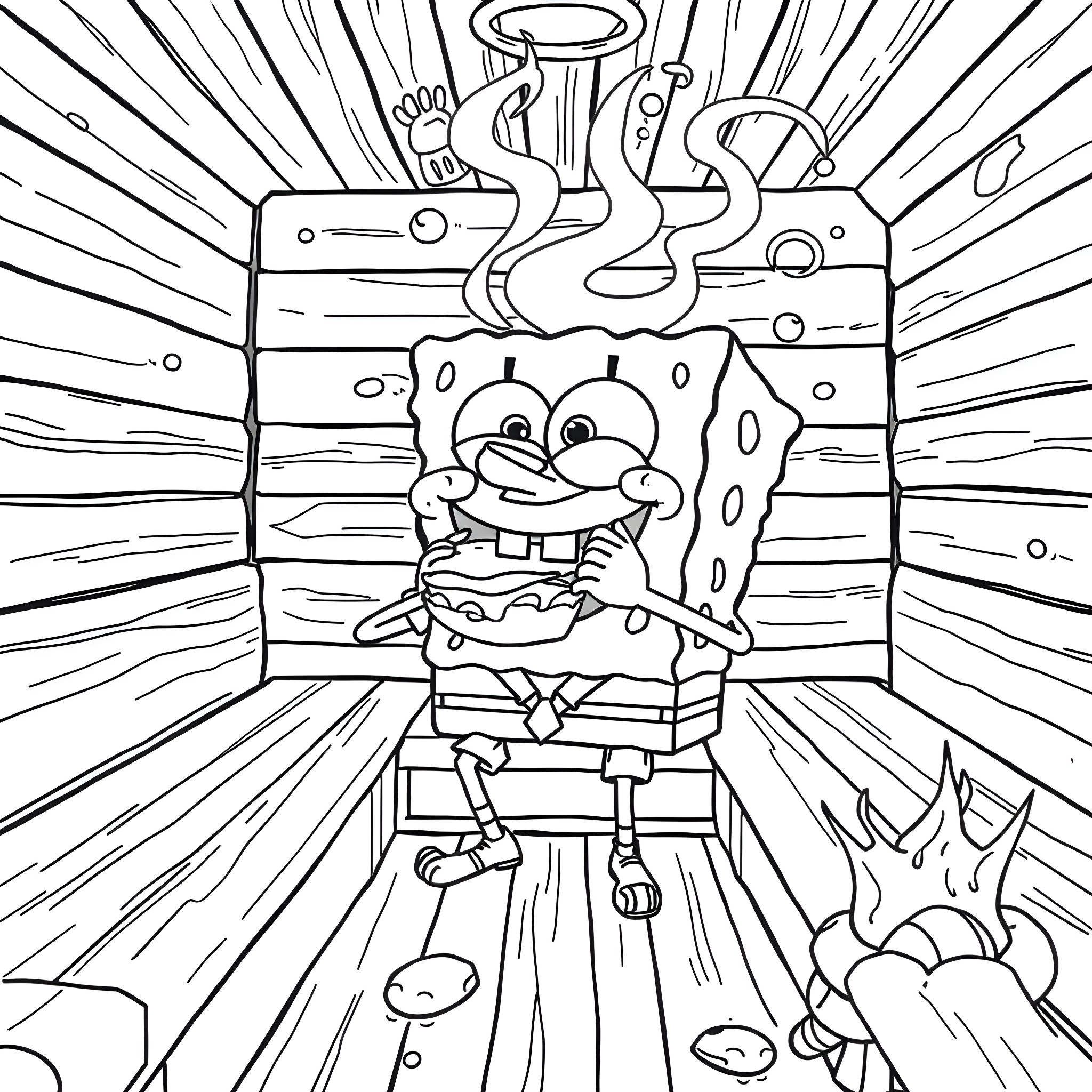 Spongebob's Chaotic Adventure Coloring Page (free black-and-white line drawing printable PDF for all, from beginners to advanced learners, including children, teens, adults, and seniors)
