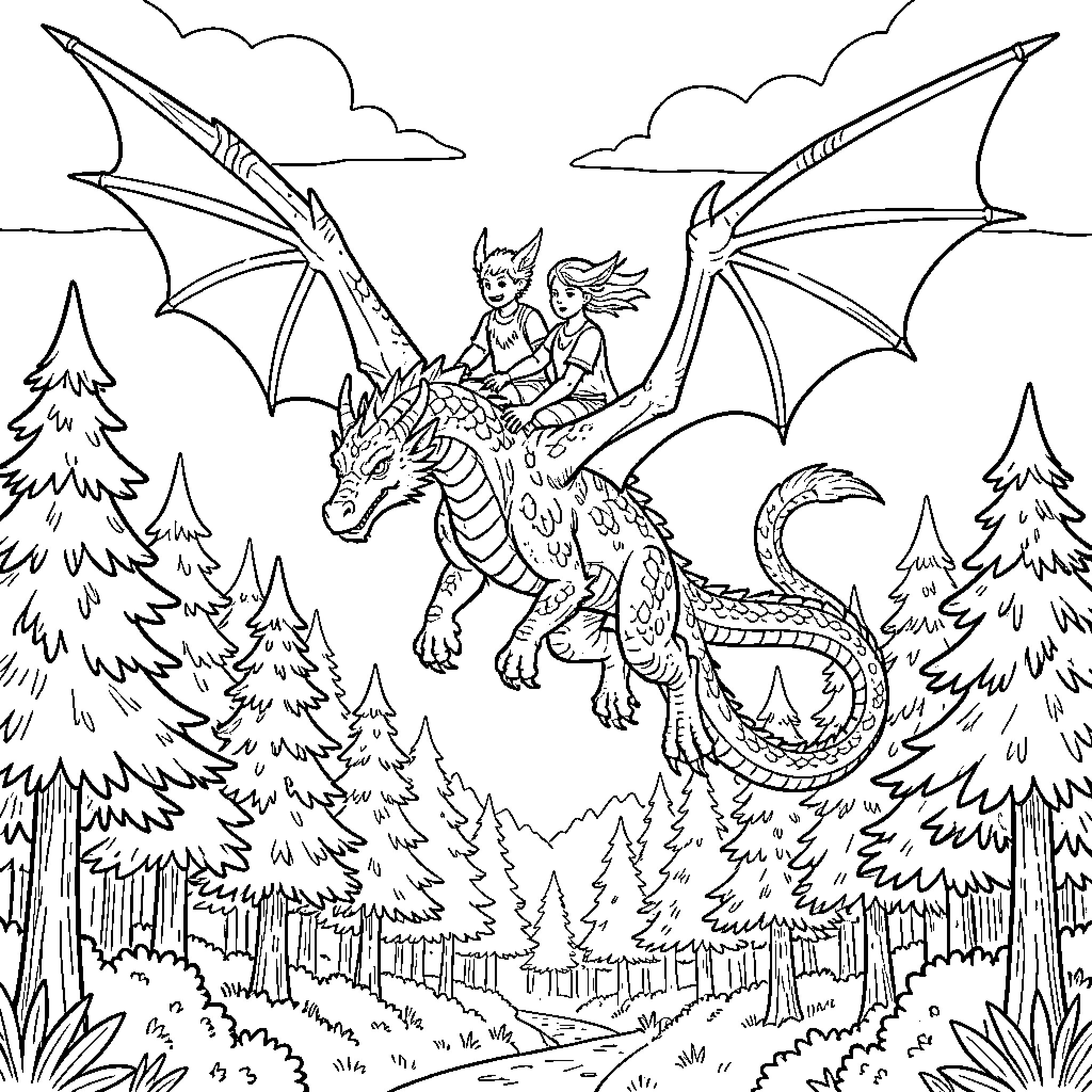 Dragon Rider Soaring Through the Enchanted Forest Coloring Page (free black-and-white line drawing printable PDF for all, from beginners to advanced learners, including children, teens, adults, and seniors)