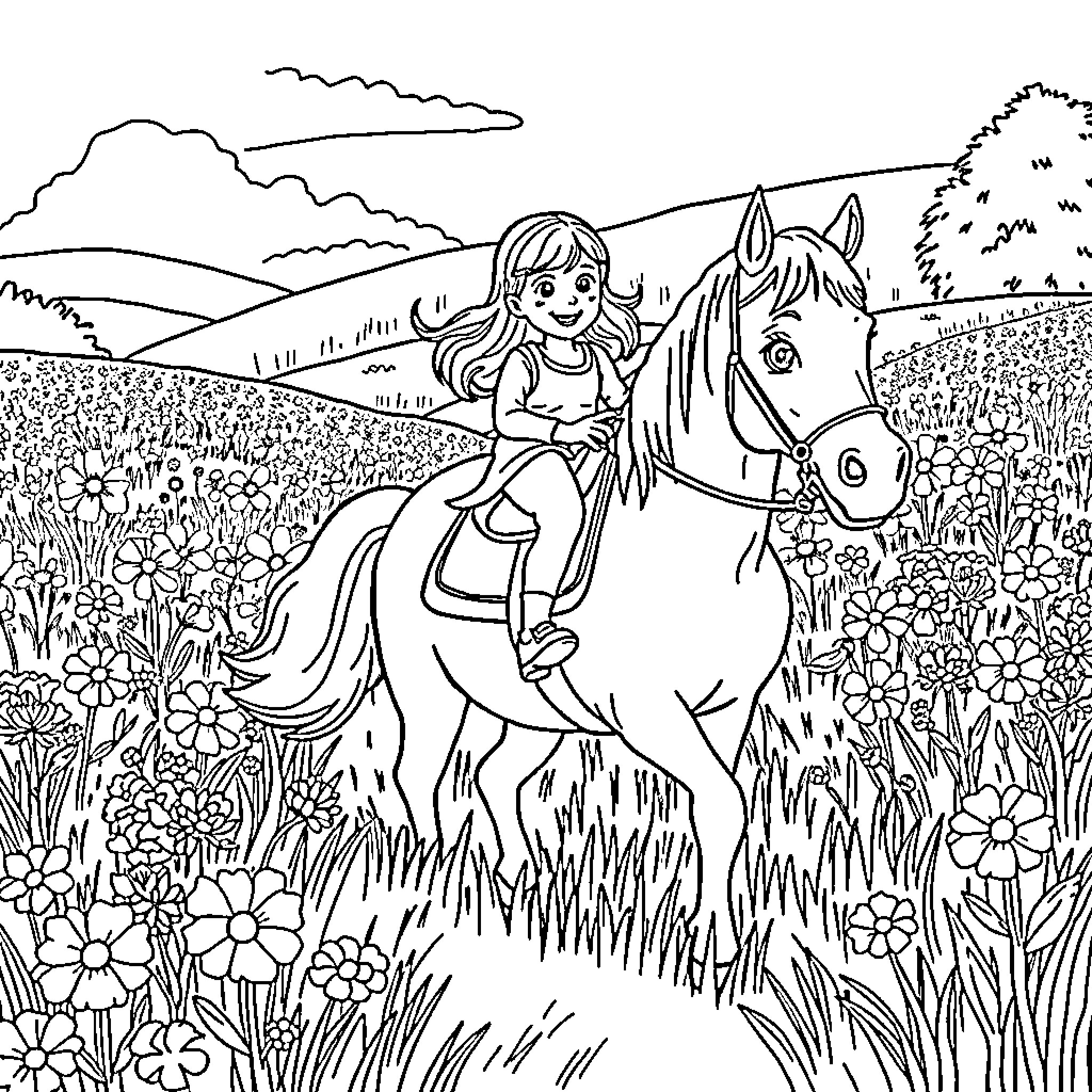 Girl riding a horse through a field of flowers Coloring Page (free black-and-white line drawing printable PDF for all, from beginners to advanced learners, including children, teens, adults, and seniors)