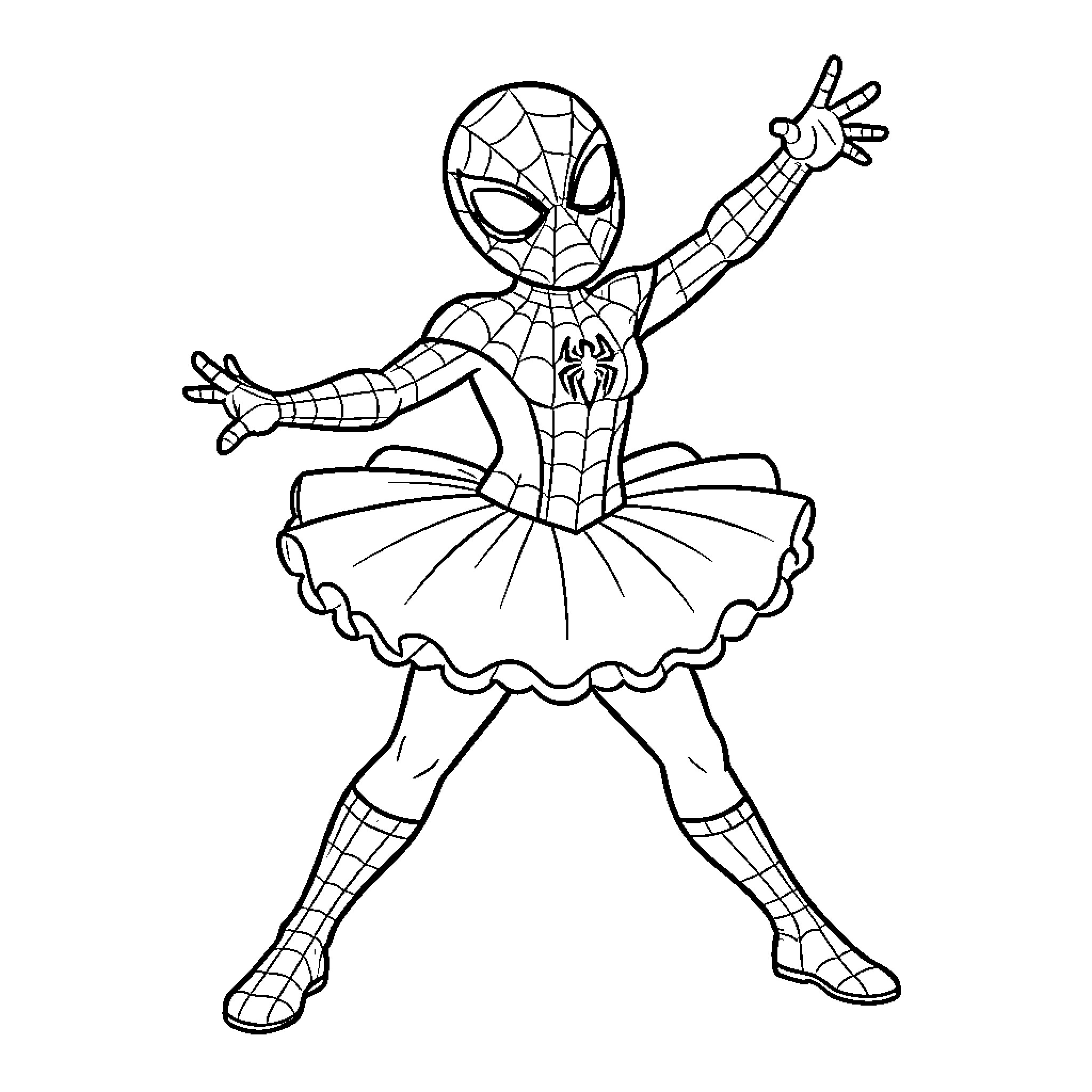 Spider-Man wearing a tutu and performing a dance pose Coloring Page (free black-and-white line drawing printable PDF for all, from beginners to advanced learners, including children, teens, adults, and seniors)