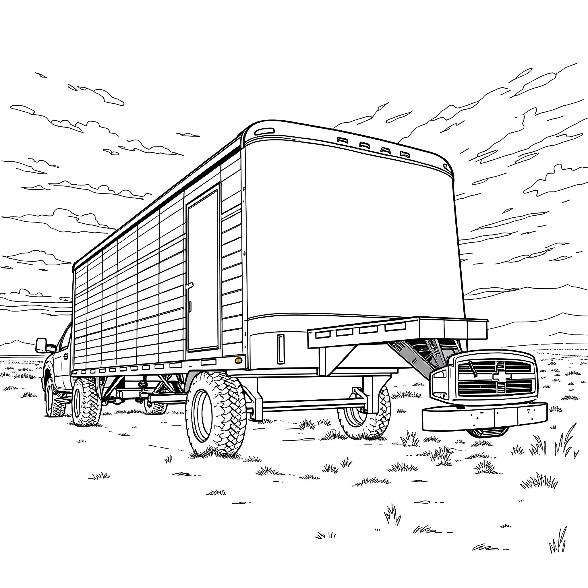 Gooseneck Trailer in Scenic Landscape Coloring Page (free black-and-white line drawing printable PDF for all, from beginners to advanced learners, including children, teens, adults, and seniors)