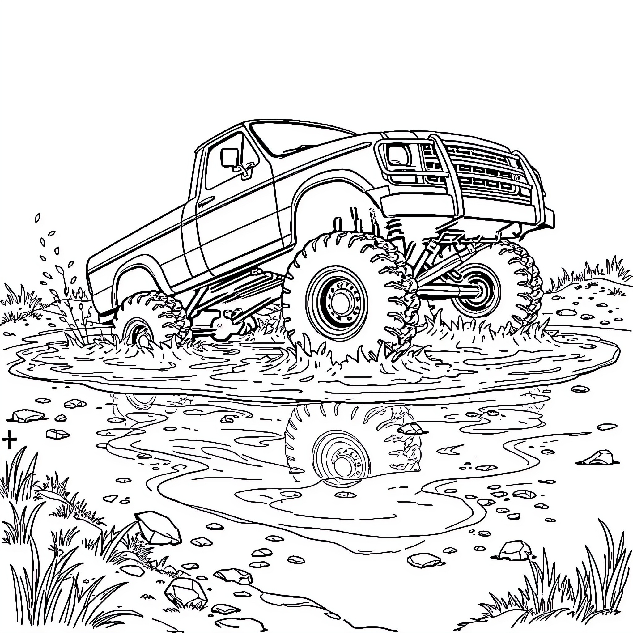 Truck Navigating through Muddy Terrain Coloring Page (free black-and-white line drawing printable PDF for all, from beginners to advanced learners, including children, teens, adults, and seniors)