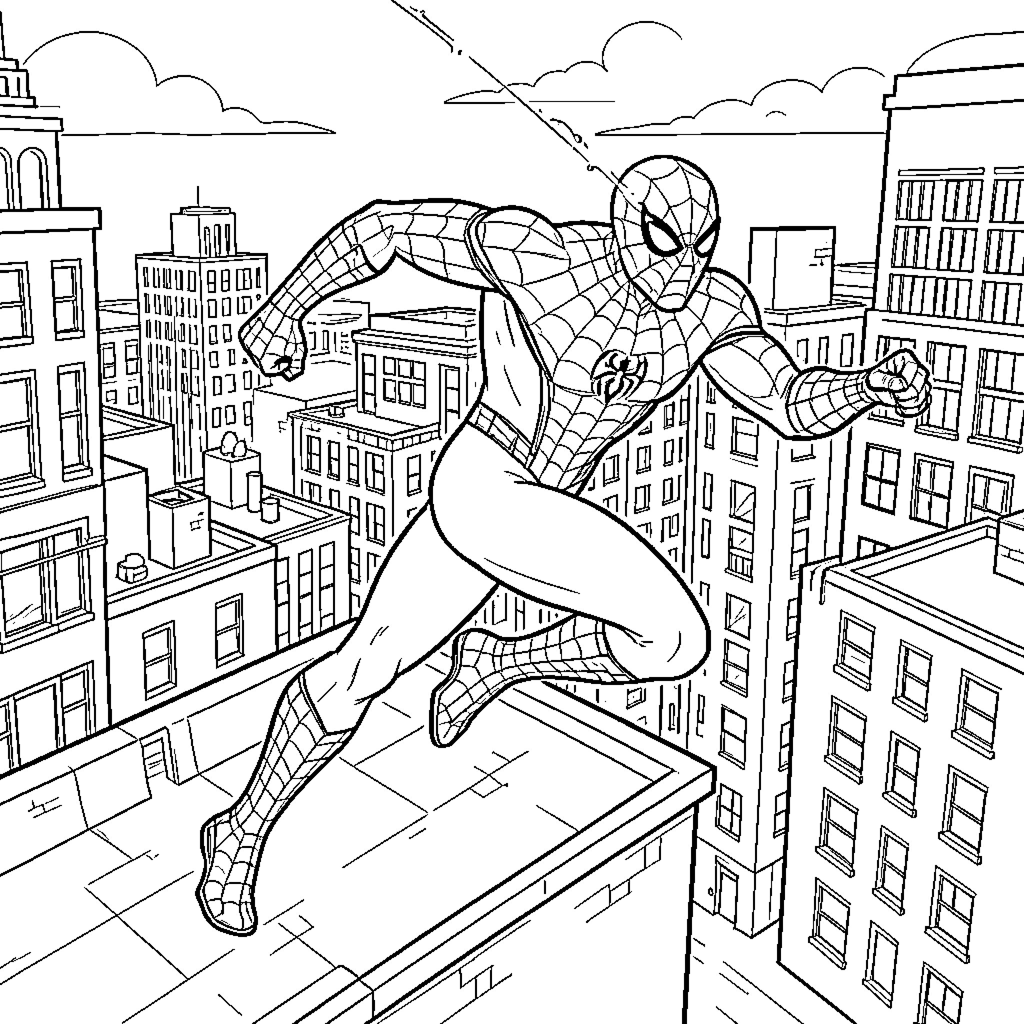 Spiderman leaping between buildings in a city landscape Coloring Page (free black-and-white line drawing printable PDF for all, from beginners to advanced learners, including children, teens, adults, and seniors)