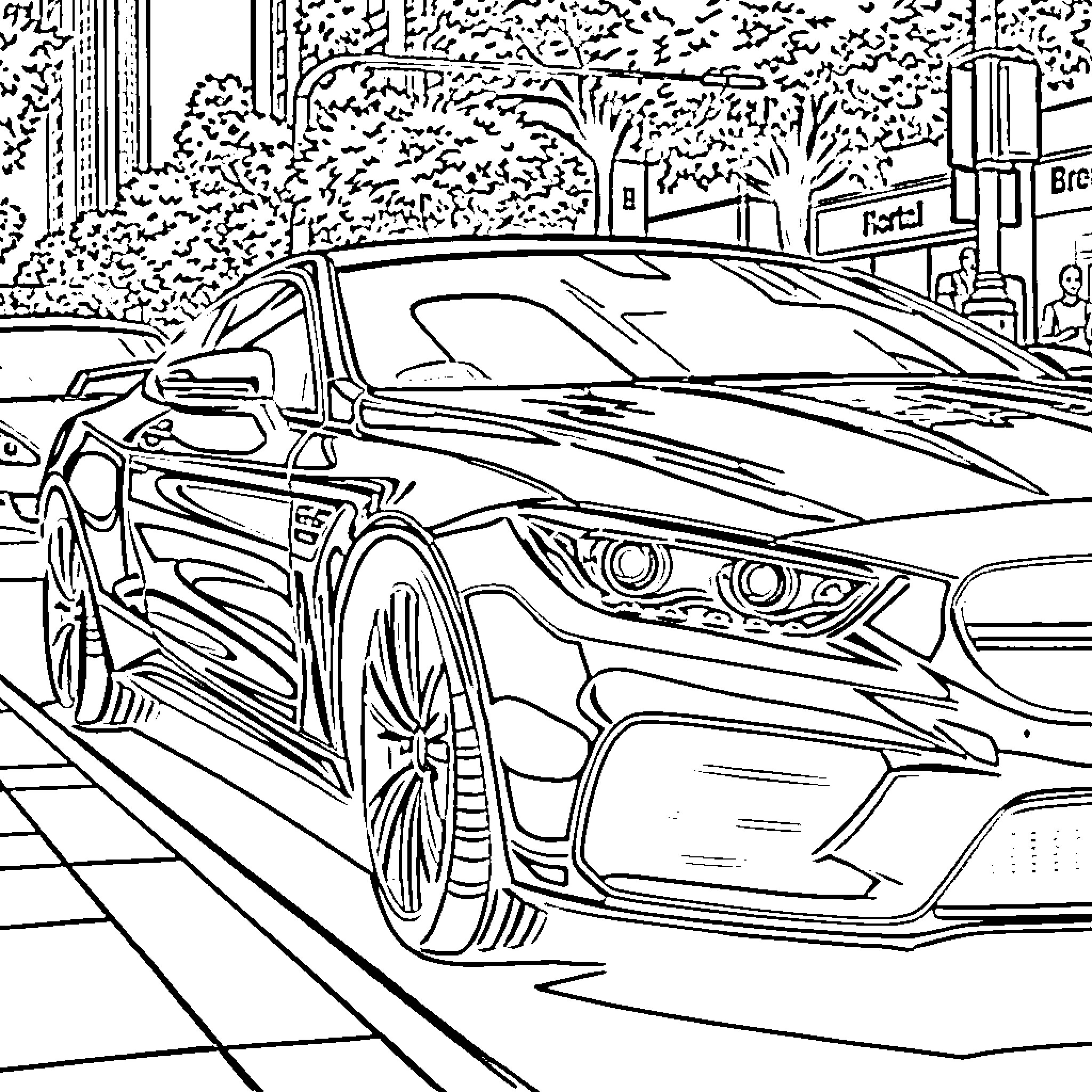 Car parked on city street with greenery Coloring Page (free black-and-white line drawing printable PDF for all, from beginners to advanced learners, including children, teens, adults, and seniors)