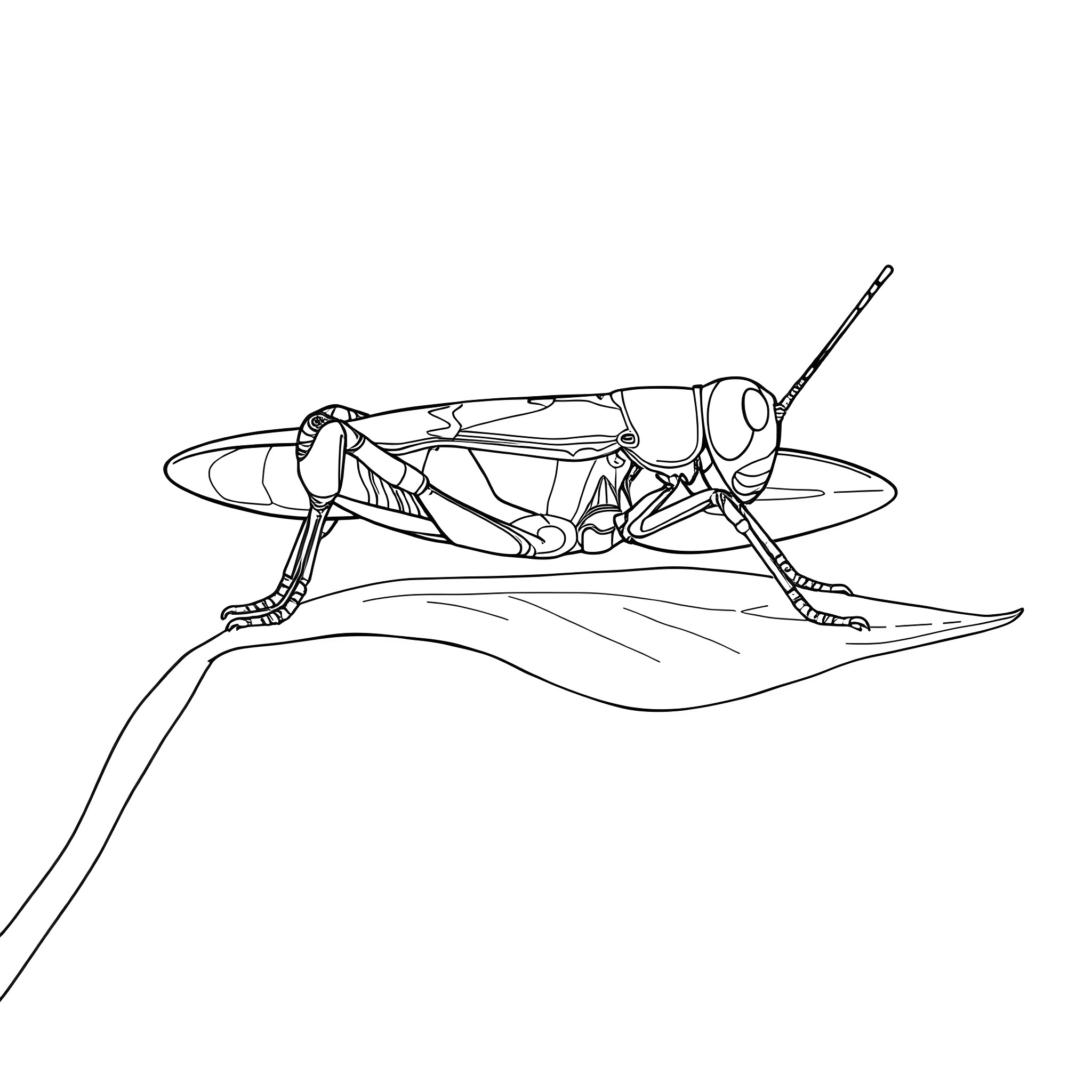 Grasshopper resting on a leaf Coloring Page (free black-and-white line drawing printable PDF for all, from beginners to advanced learners, including children, teens, adults, and seniors)