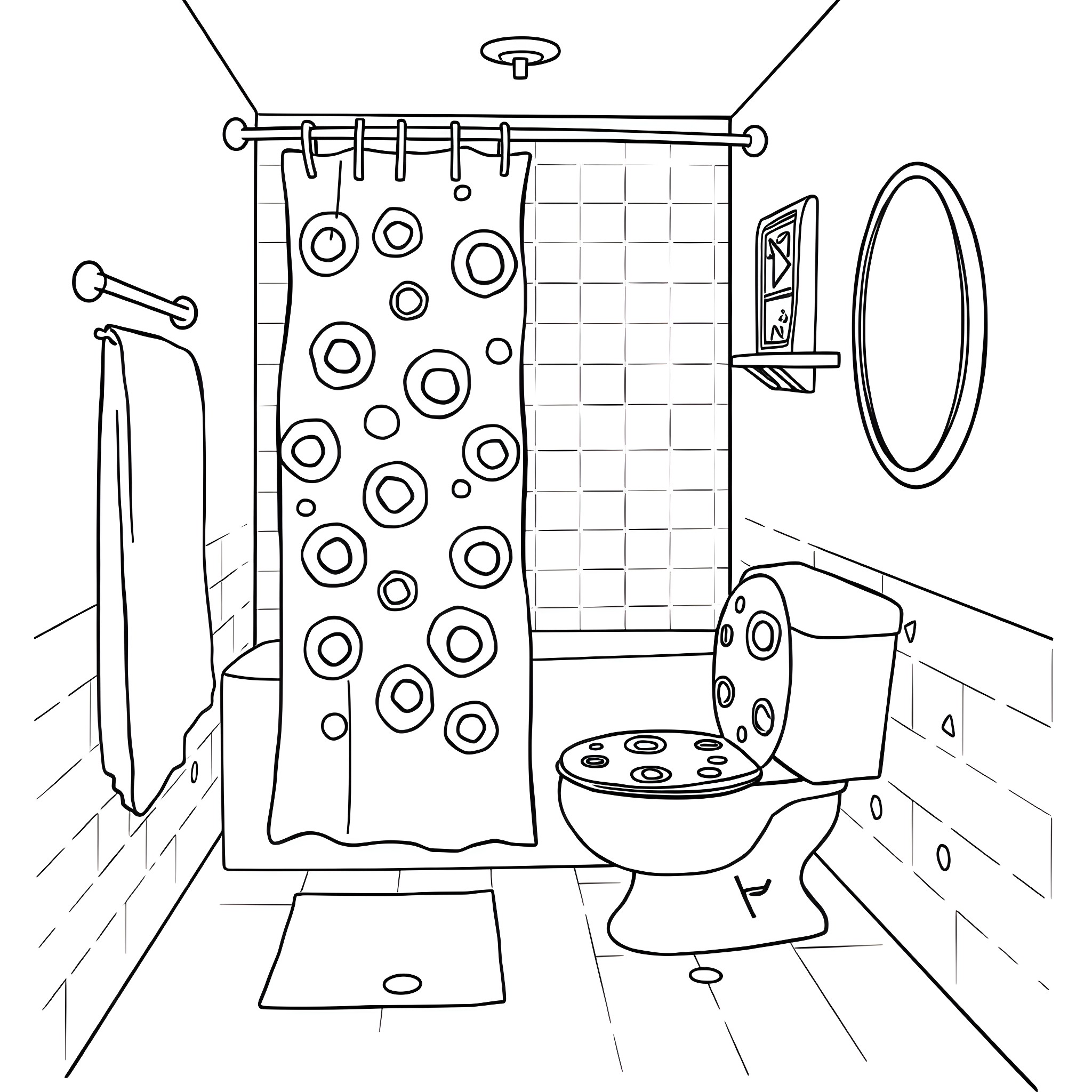 Pizza-themed bathroom decor and accessories Coloring Page (free black-and-white line drawing printable PDF for all, from beginners to advanced learners, including children, teens, adults, and seniors)