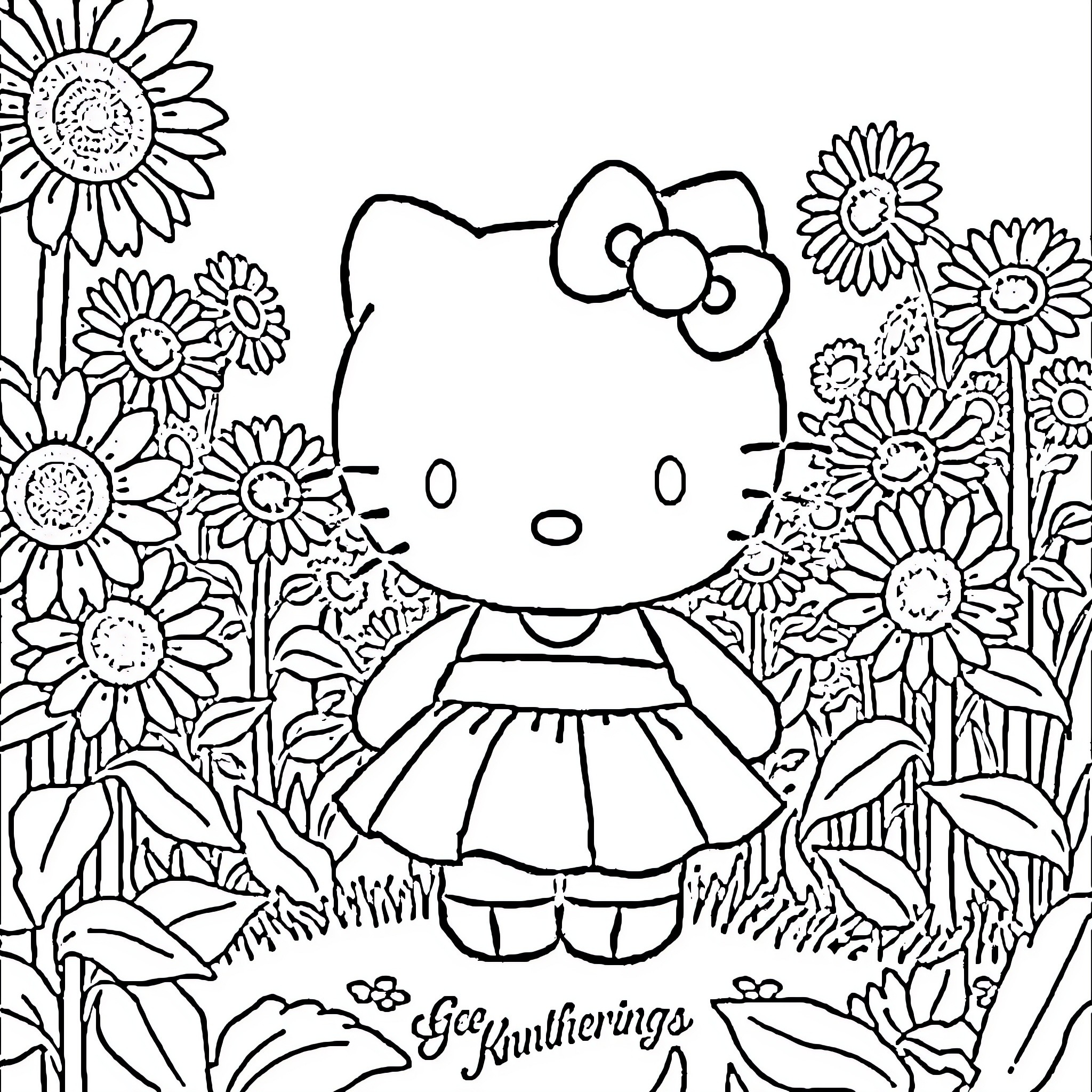 Hello Kitty playing in a flowery garden Coloring Page (free black-and-white line drawing printable PDF for all, from beginners to advanced learners, including children, teens, adults, and seniors)