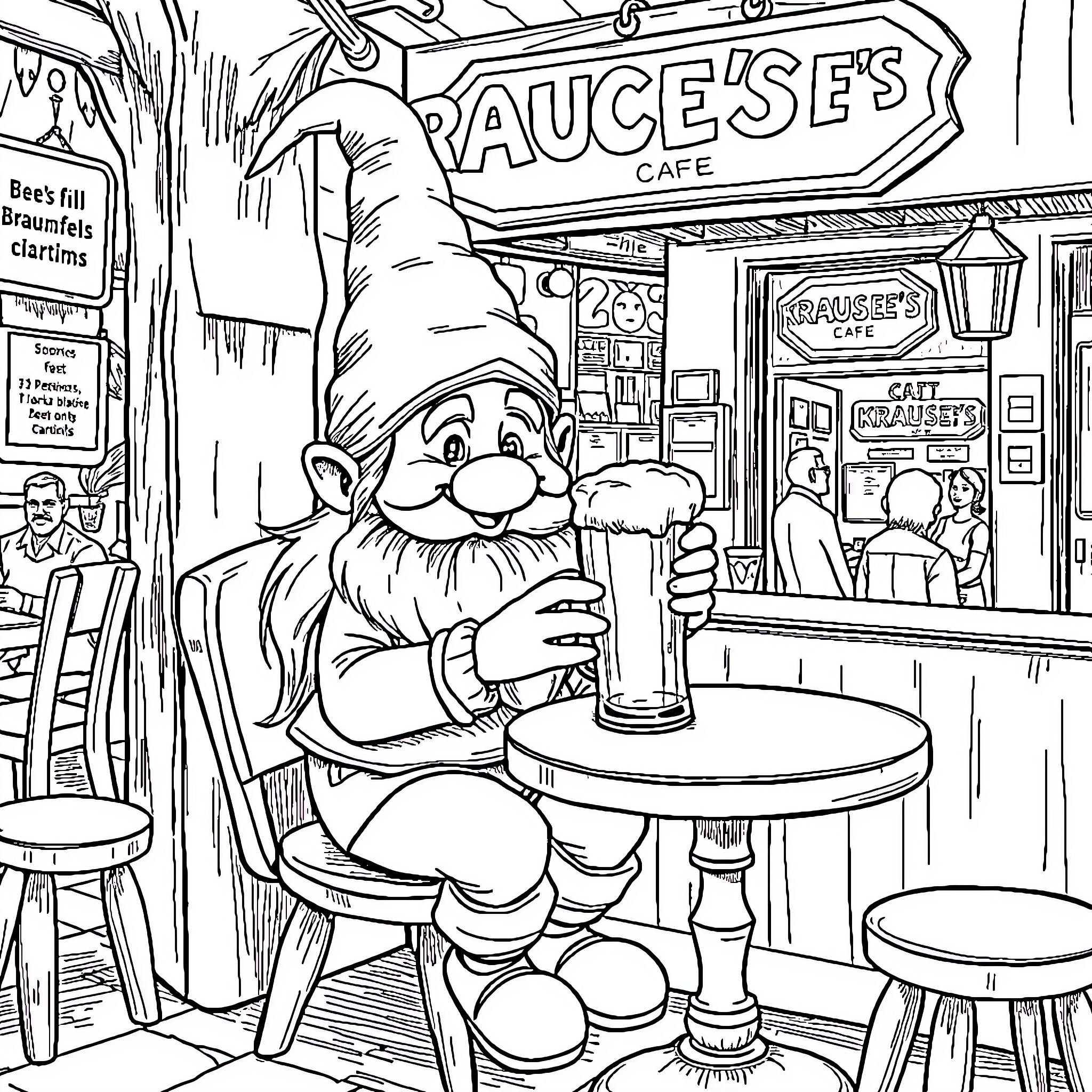 Gnome enjoying a drink at the cafe Coloring Page (free black-and-white line drawing printable PDF for all, from beginners to advanced learners, including children, teens, adults, and seniors)