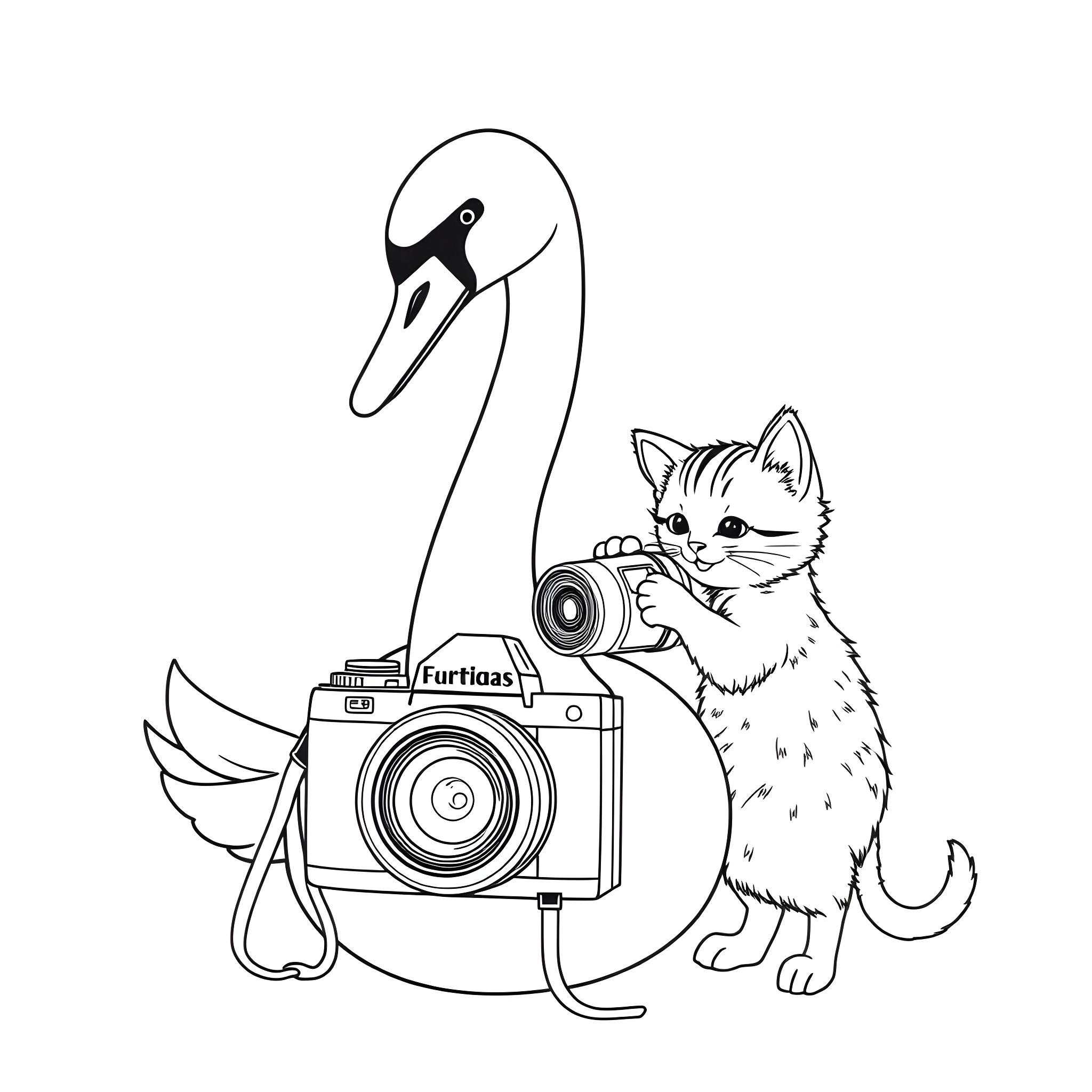 Swan Photographed by a Curious Cat Coloring Page (free black-and-white line drawing printable PDF for all, from beginners to advanced learners, including children, teens, adults, and seniors)