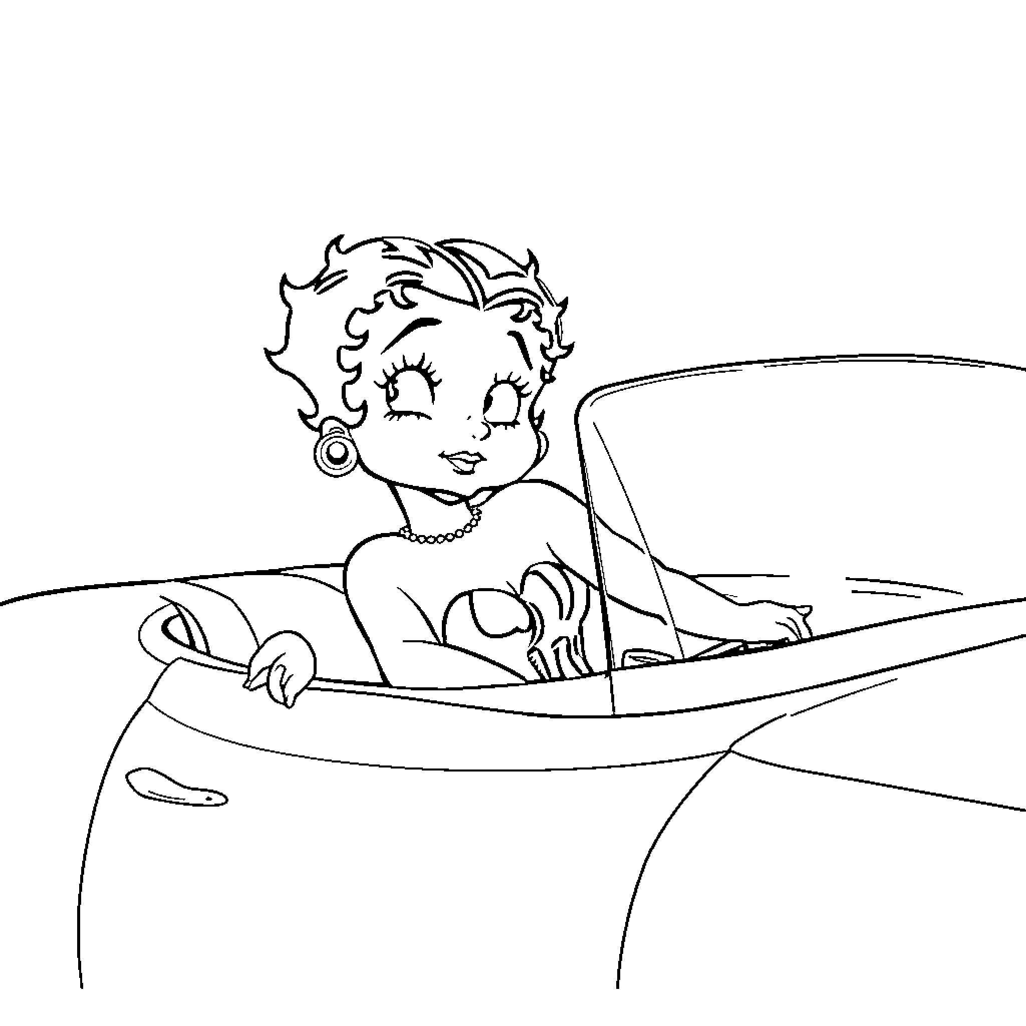 Betty Boop relaxing in a boat Coloring Page (free black-and-white line drawing printable PDF for all, from beginners to advanced learners, including children, teens, adults, and seniors)