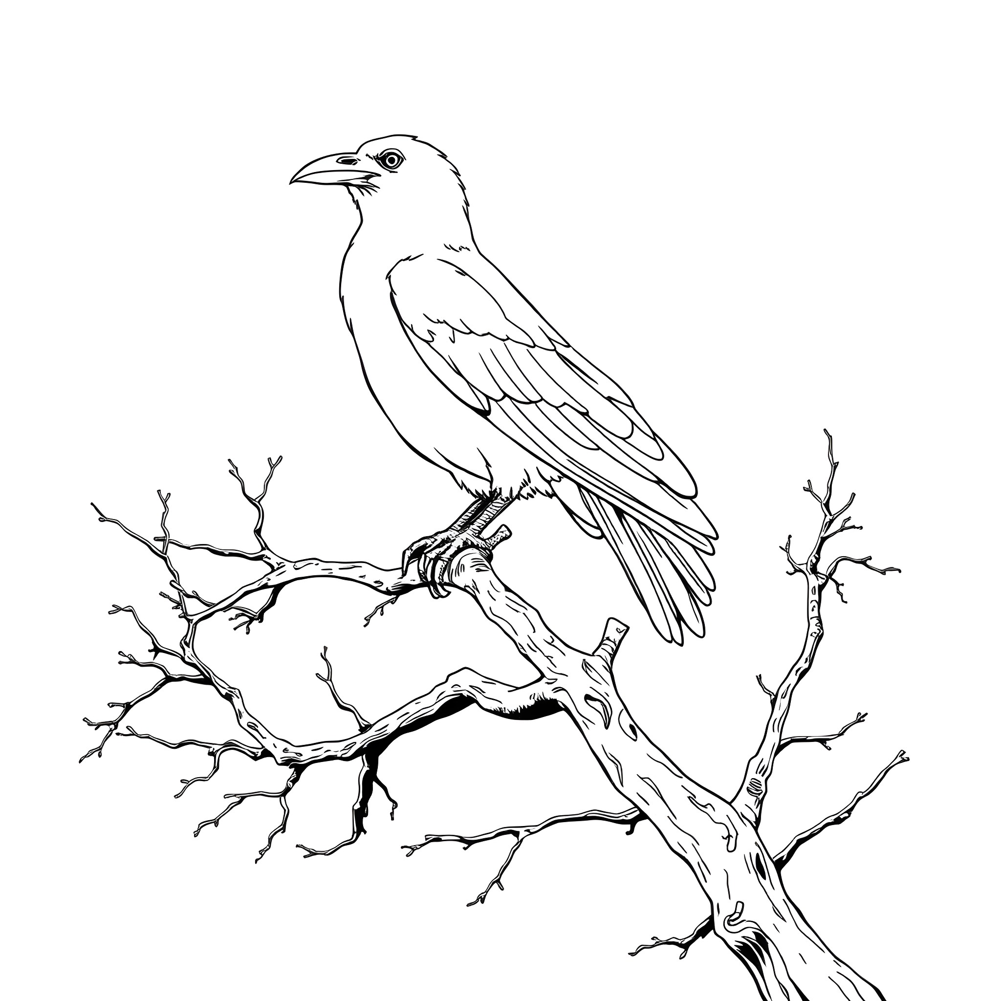Crow perched on a bare tree branch Coloring Page (free black-and-white line drawing printable PDF for all, from beginners to advanced learners, including children, teens, adults, and seniors)