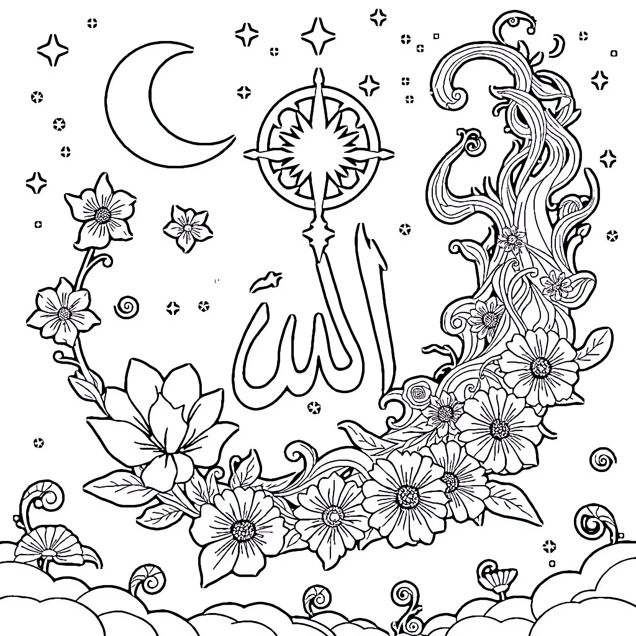 Allah's Blessings in the Starry Night Coloring Page (free black-and-white line drawing printable PDF for all, from beginners to advanced learners, including children, teens, adults, and seniors)