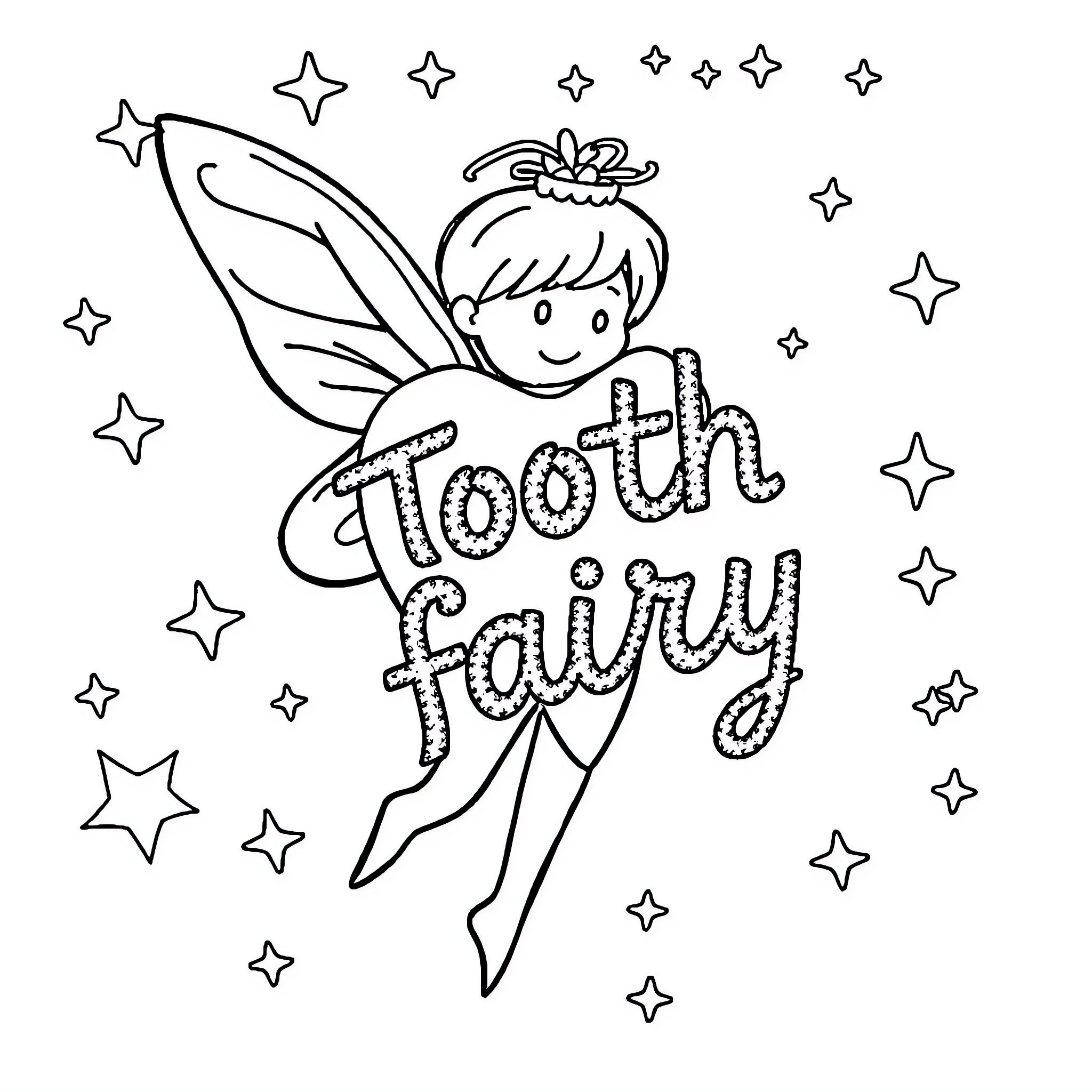 Tooth Fairy flying with stars and sparkles Coloring Page (free black-and-white line drawing printable PDF for all, from beginners to advanced learners, including children, teens, adults, and seniors)