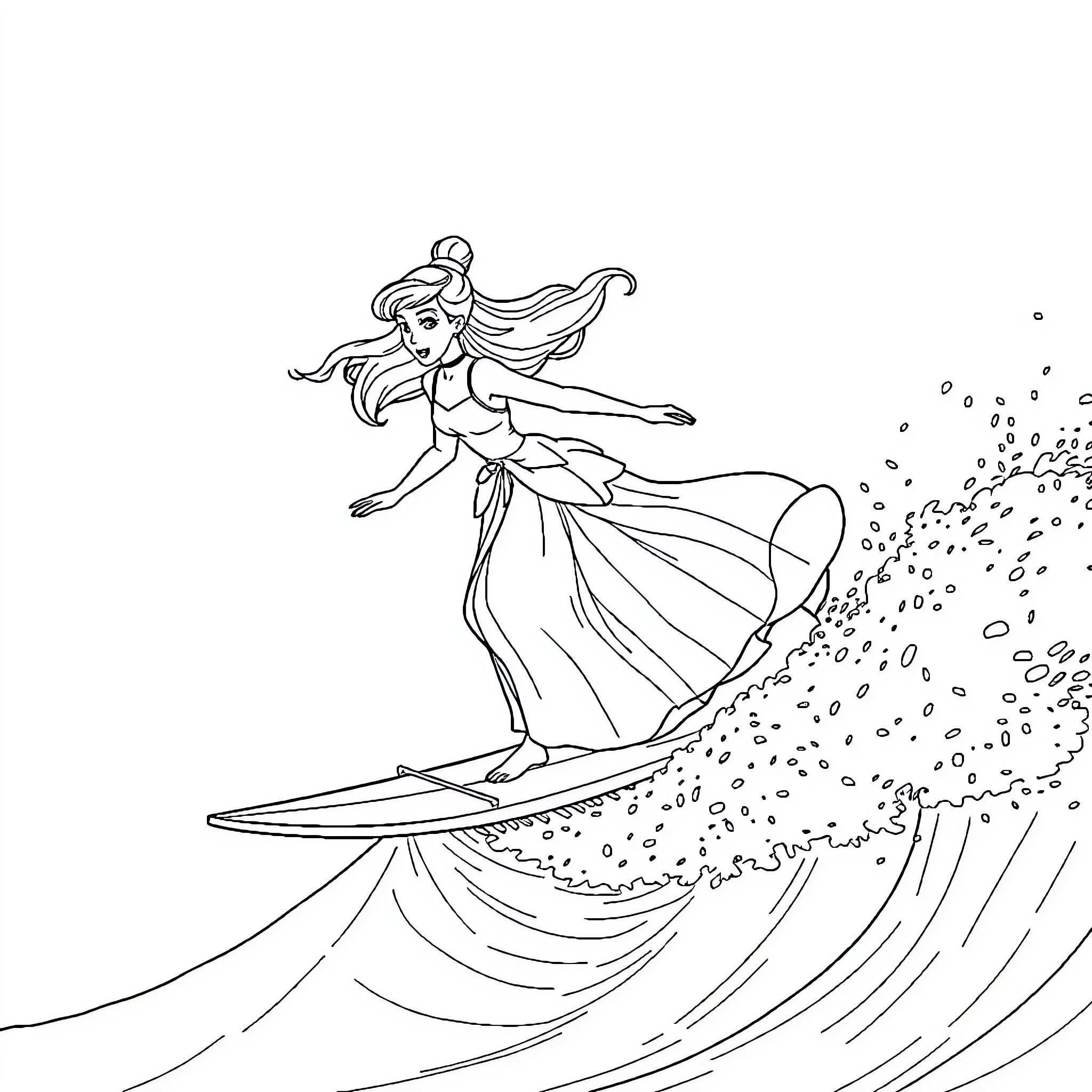 Cinderella surfing the waves with grace Coloring Page (free black-and-white line drawing printable PDF for all, from beginners to advanced learners, including children, teens, adults, and seniors)