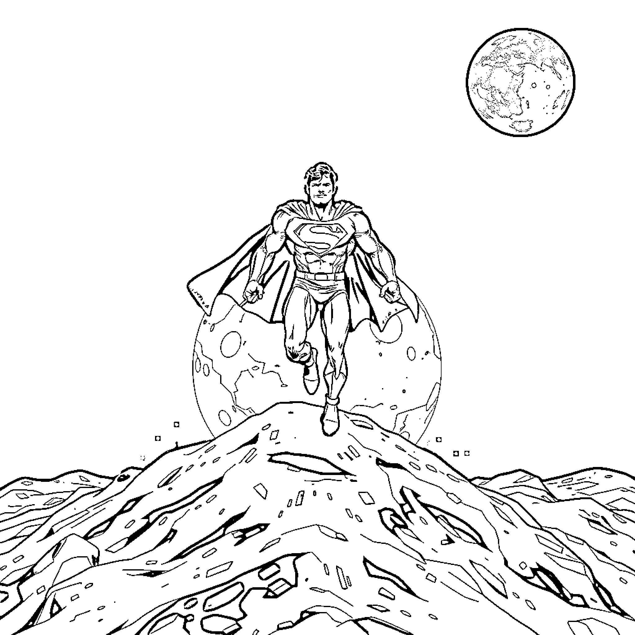 Superman surveying the world from a celestial vantage point Coloring Page (free black-and-white line drawing printable PDF for all, from beginners to advanced learners, including children, teens, adults, and seniors)