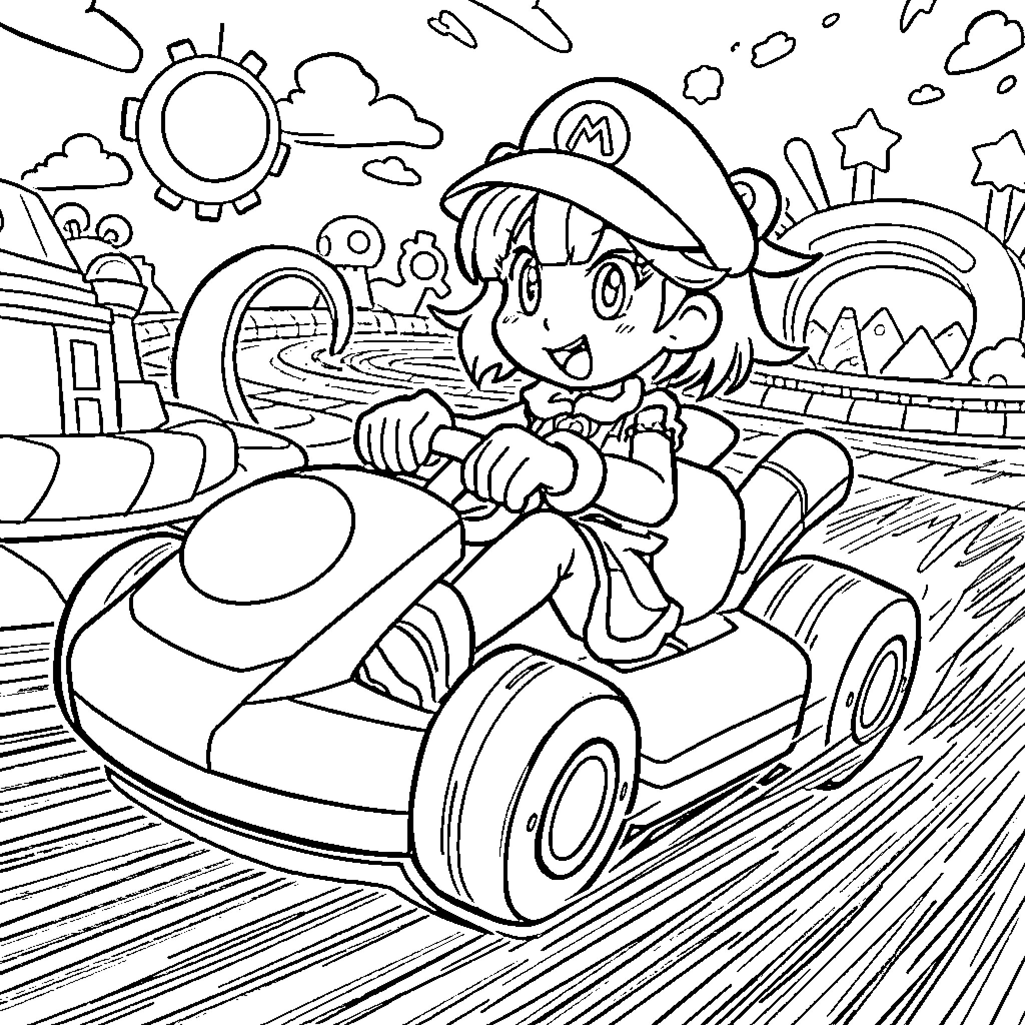 Kuromi's Exciting Kart Racing Adventure Coloring Page (free black-and-white line drawing printable PDF for all, from beginners to advanced learners, including children, teens, adults, and seniors)