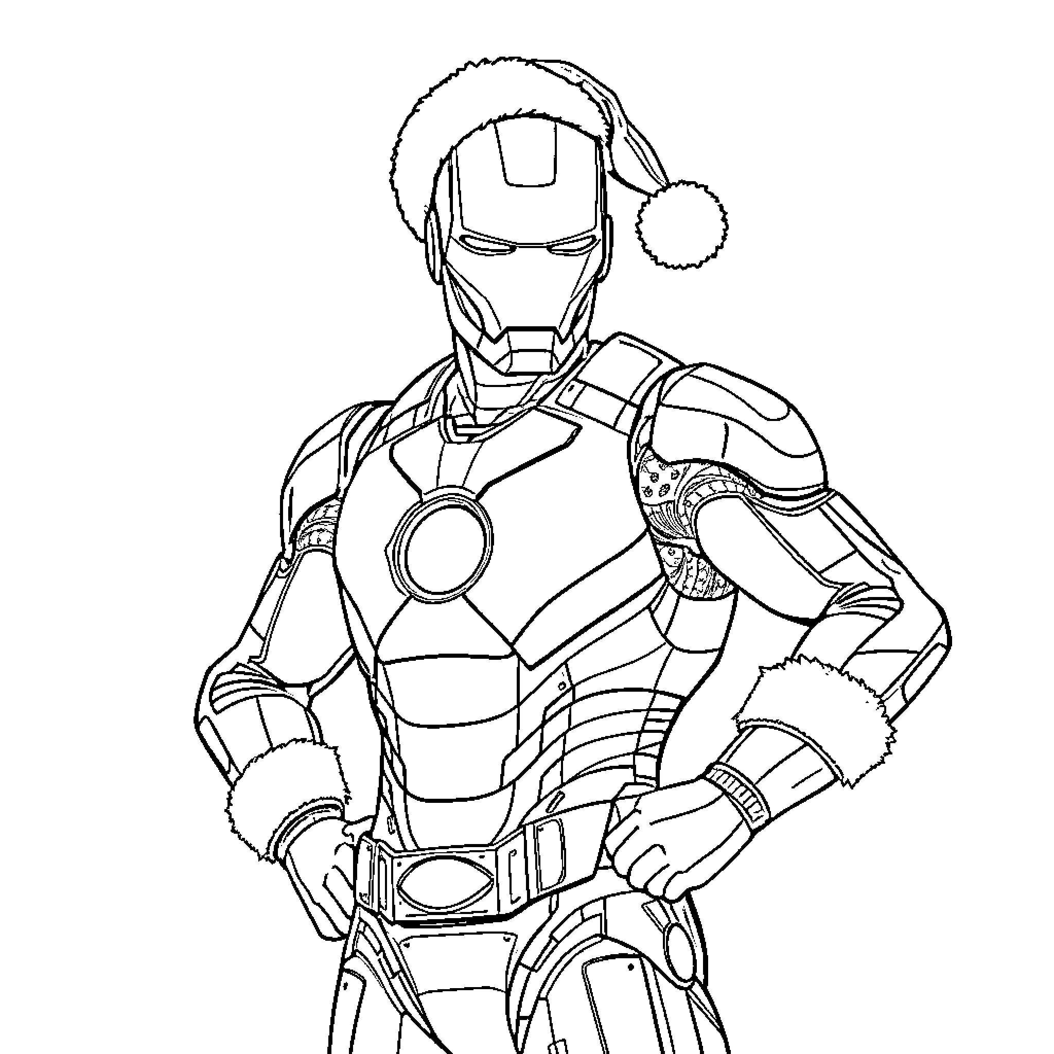 Ironman in festive holiday attire Coloring Page (free black-and-white line drawing printable PDF for all, from beginners to advanced learners, including children, teens, adults, and seniors)
