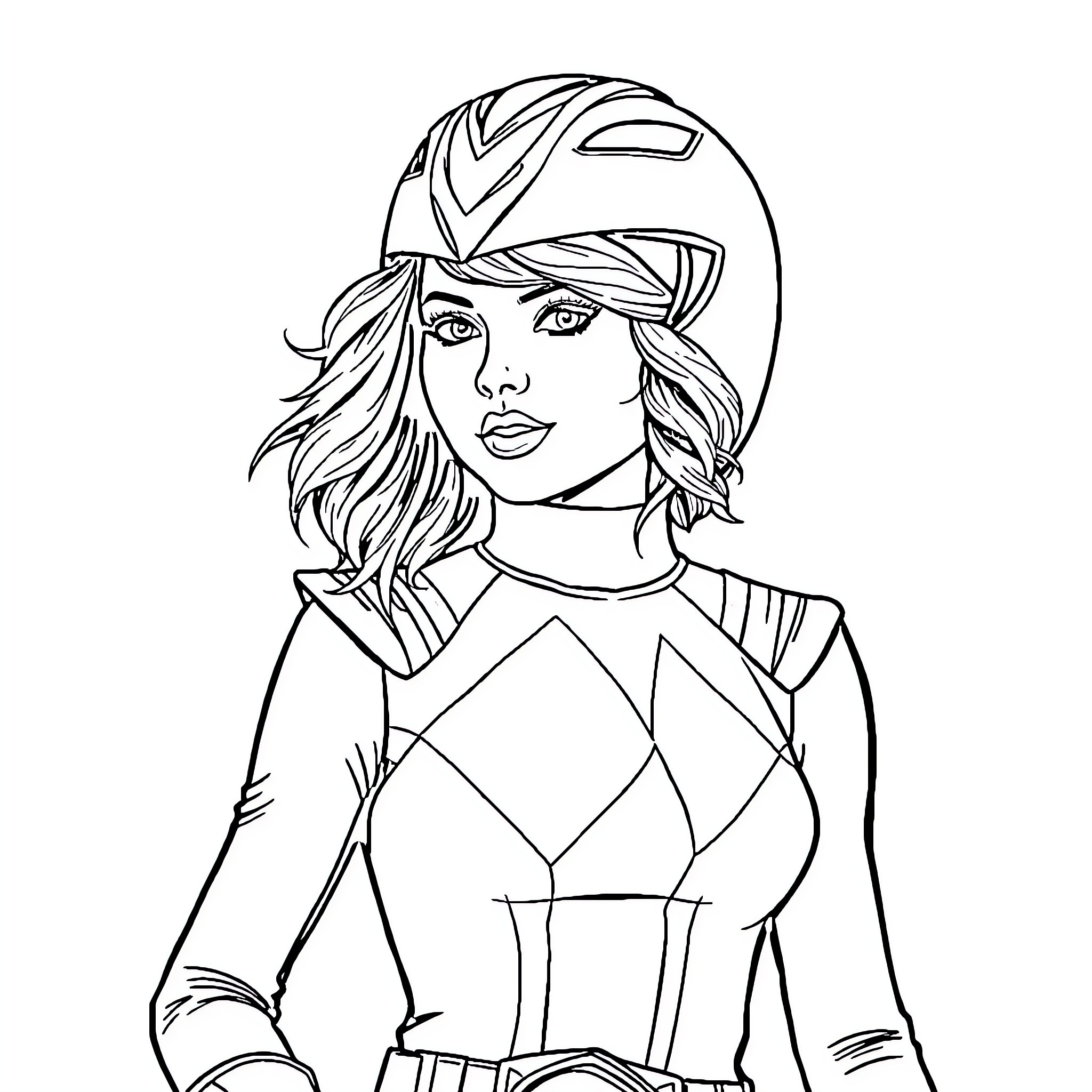 Taylor Swift in Superhero Costume Coloring Page (free black-and-white line drawing printable PDF for all, from beginners to advanced learners, including children, teens, adults, and seniors)