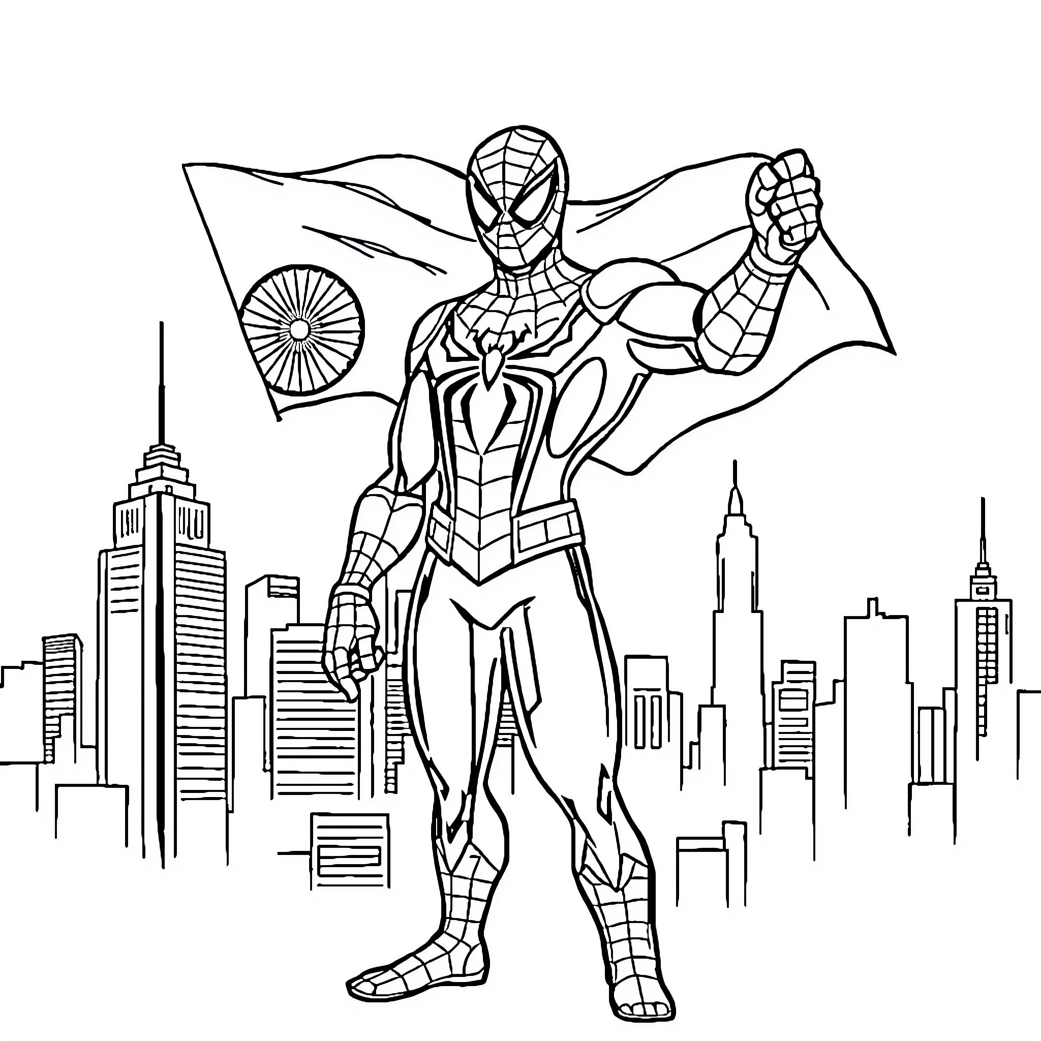 Spiderman heroically saving the city Coloring Page (free black-and-white line drawing printable PDF for all, from beginners to advanced learners, including children, teens, adults, and seniors)