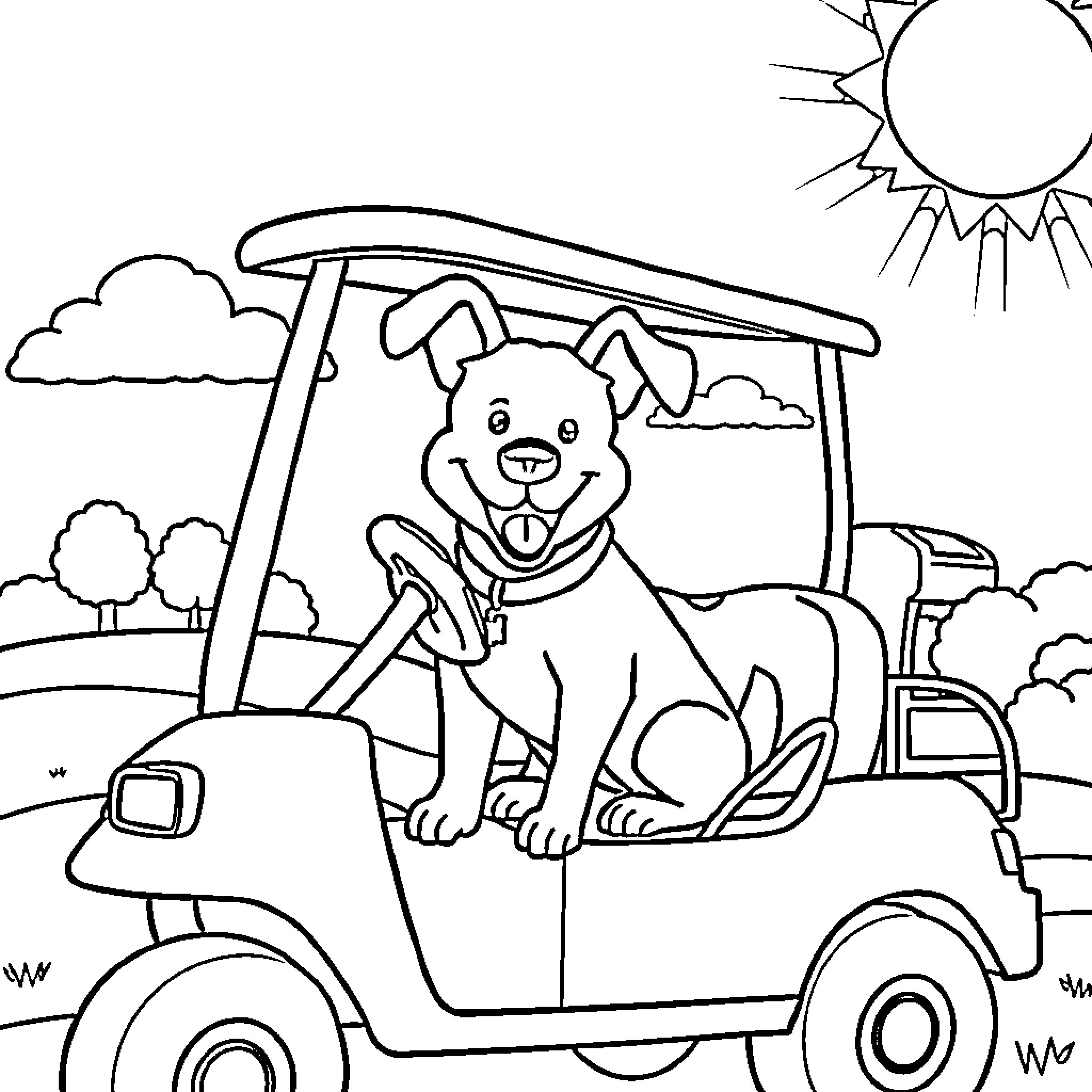 Dog riding happily in golf cart on sunny day Coloring Page (free black-and-white line drawing printable PDF for all, from beginners to advanced learners, including children, teens, adults, and seniors)