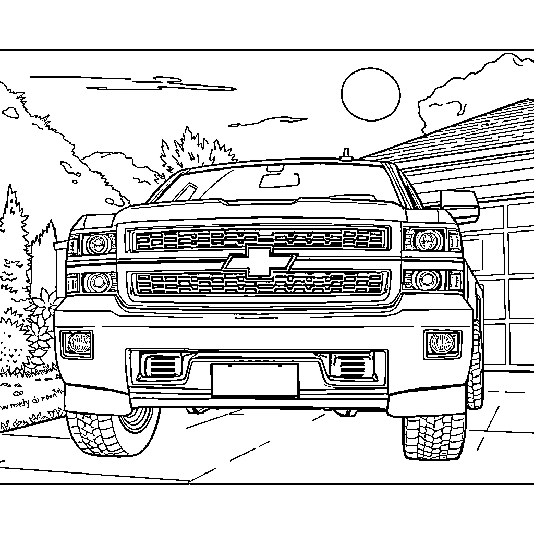 Chevy Truck driving through scenic landscape Coloring Page (free black-and-white line drawing printable PDF for all, from beginners to advanced learners, including children, teens, adults, and seniors)