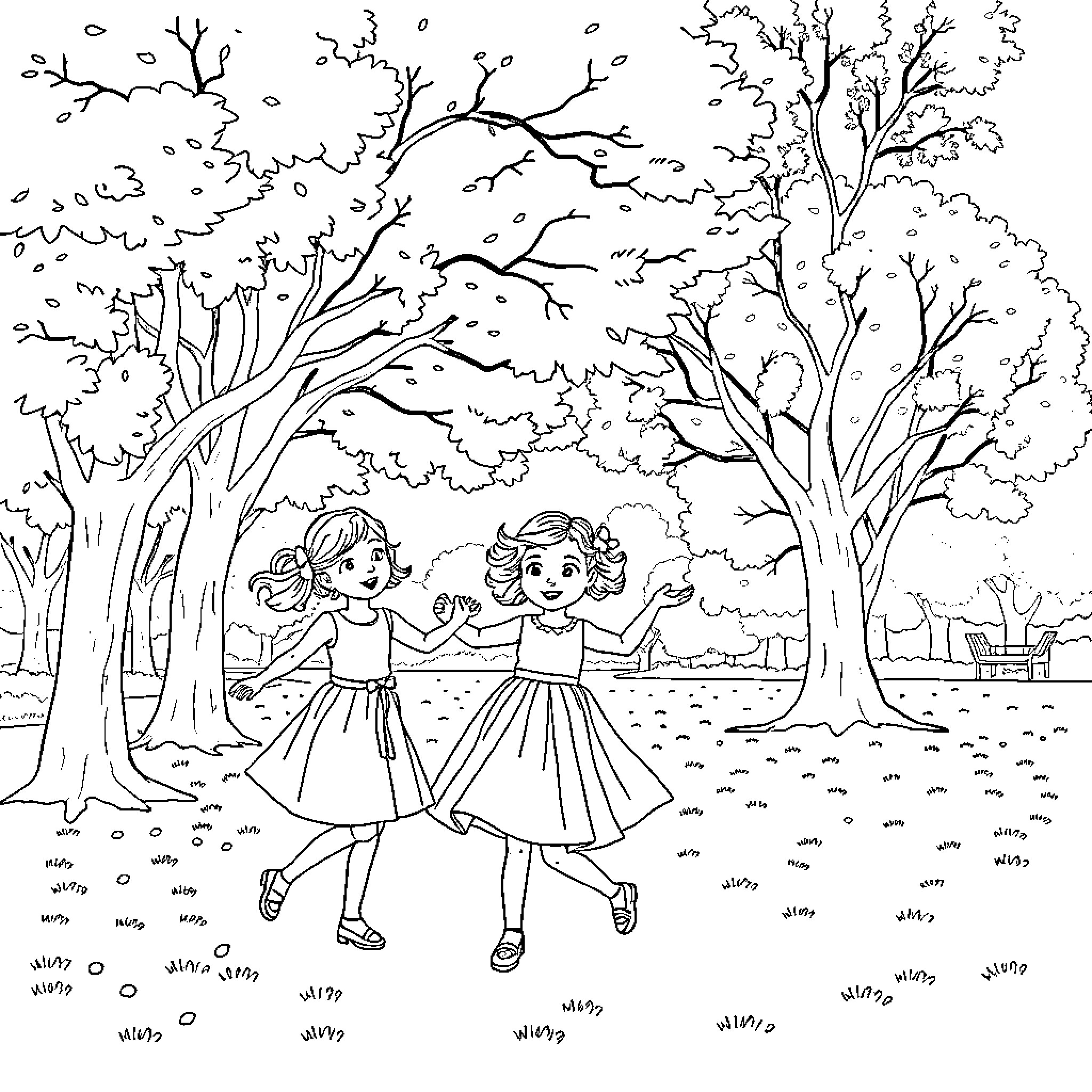 Girls dancing joyfully in the park Coloring Page (free black-and-white line drawing printable PDF for all, from beginners to advanced learners, including children, teens, adults, and seniors)