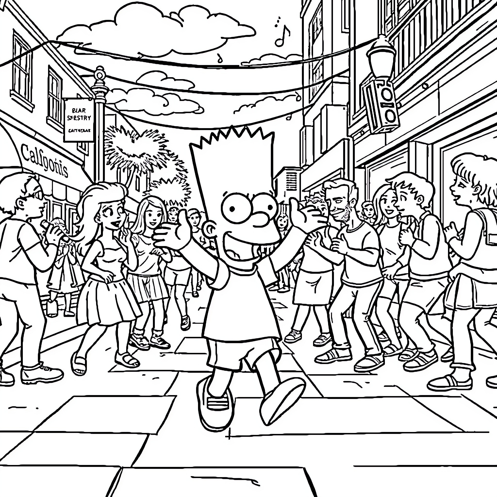 Bart Simpson enjoying a lively street scene Coloring Page (free black-and-white line drawing printable PDF for all, from beginners to advanced learners, including children, teens, adults, and seniors)