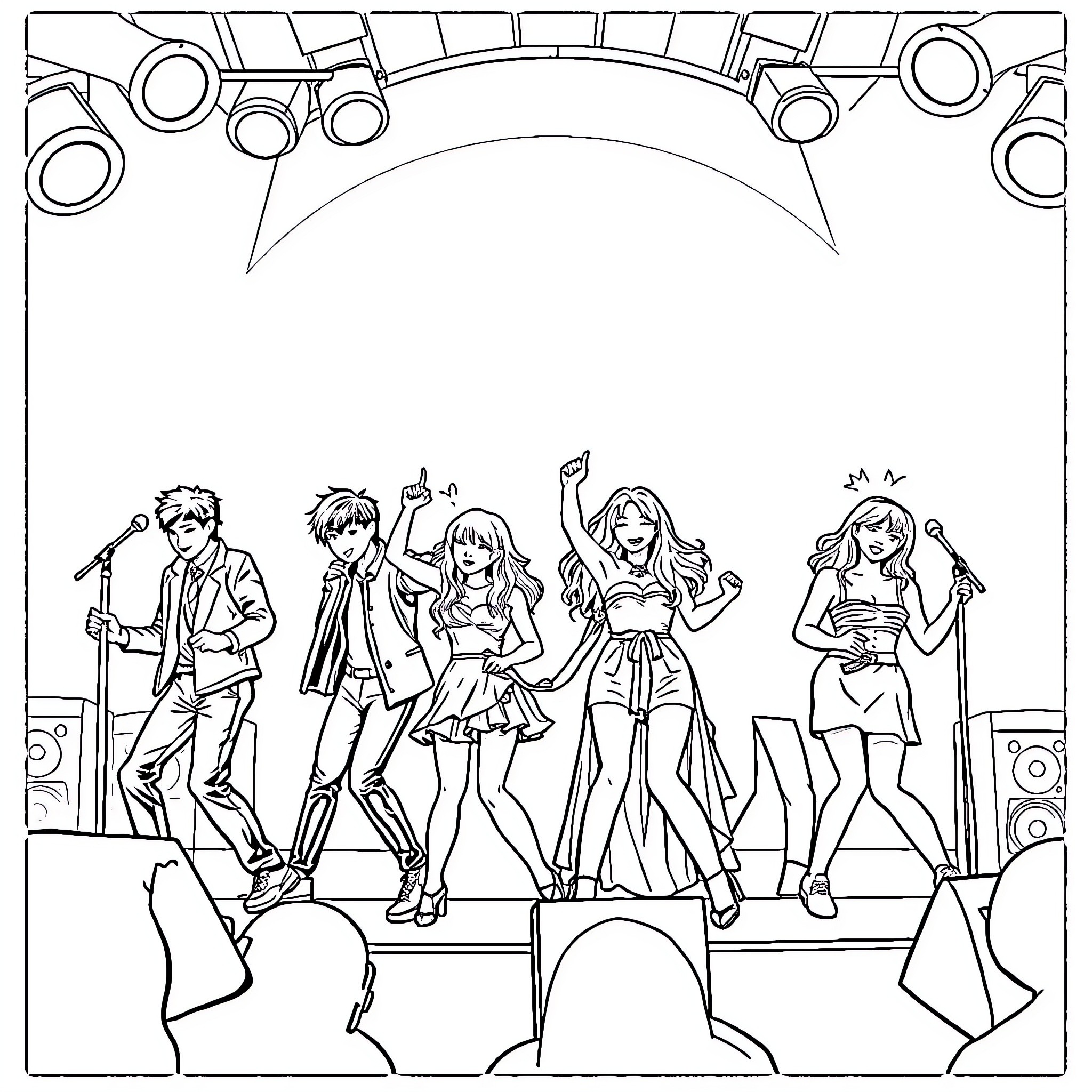 Kpop artists performing energetically on stage Coloring Page (free black-and-white line drawing printable PDF for all, from beginners to advanced learners, including children, teens, adults, and seniors)