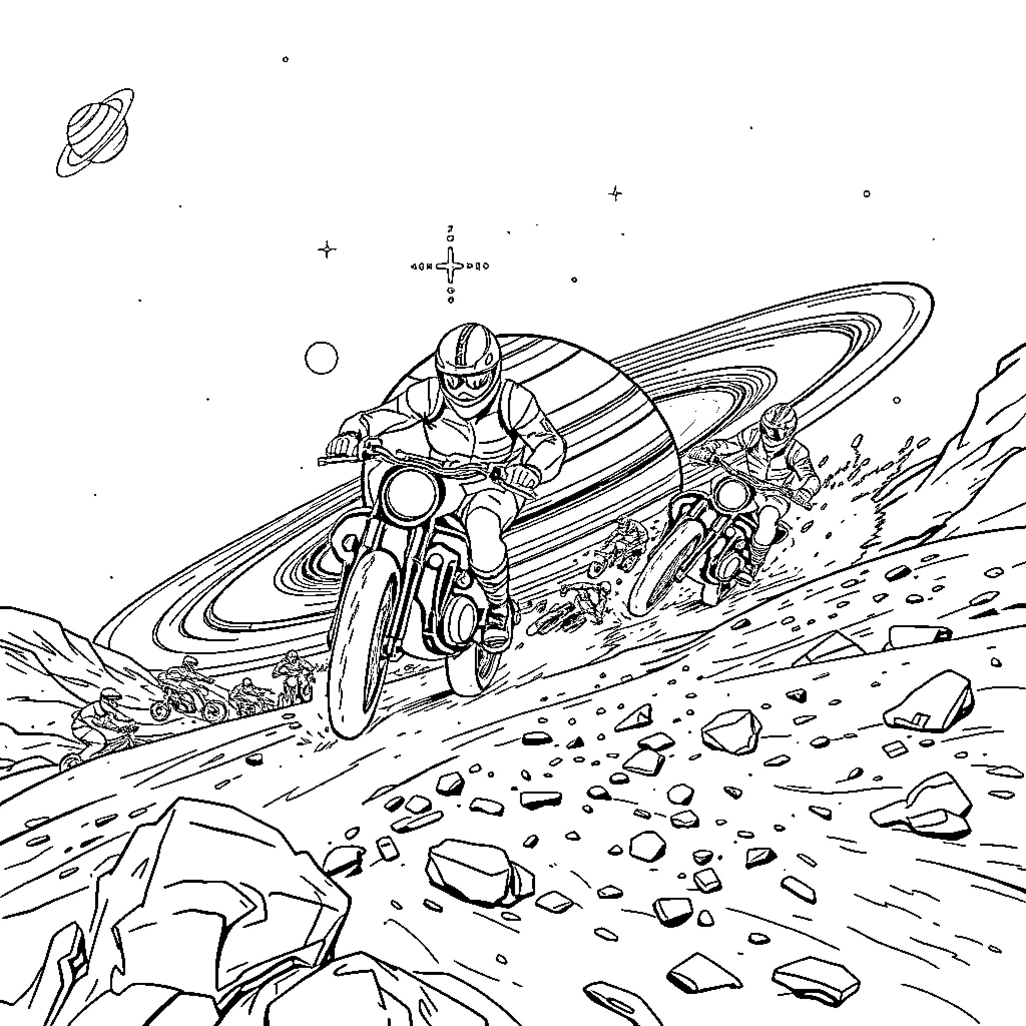 Motorcycle racing through cosmic landscape Coloring Page (free black-and-white line drawing printable PDF for all, from beginners to advanced learners, including children, teens, adults, and seniors)