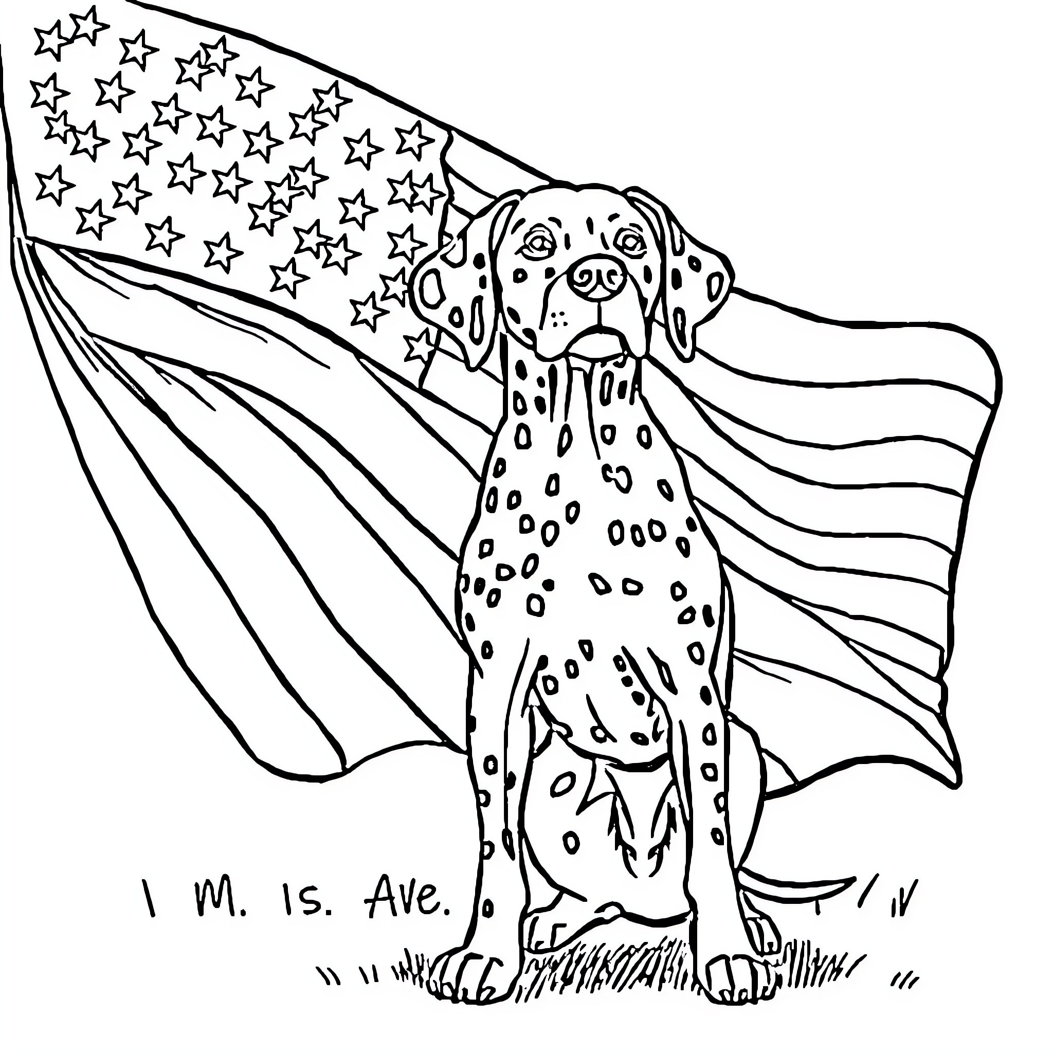 Dalmatian holding a patriotic flag Coloring Page (free black-and-white line drawing printable PDF for all, from beginners to advanced learners, including children, teens, adults, and seniors)