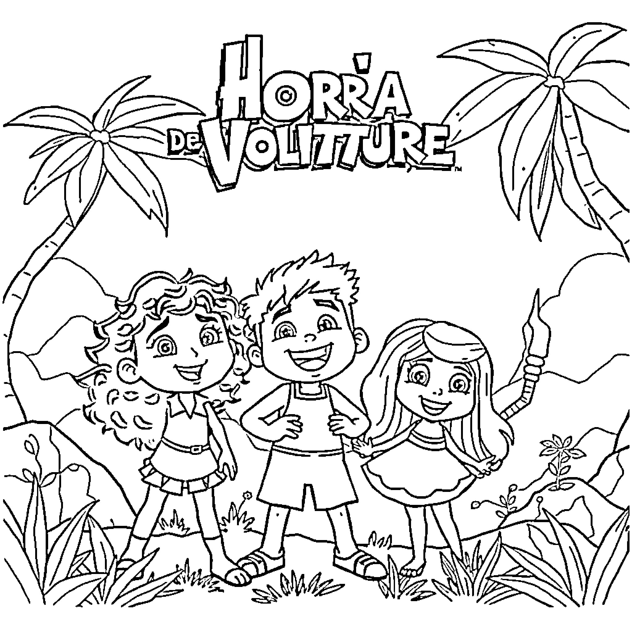 Adventure Time with Cheerful Kids in the Jungle Coloring Page (free black-and-white line drawing printable PDF for all, from beginners to advanced learners, including children, teens, adults, and seniors)