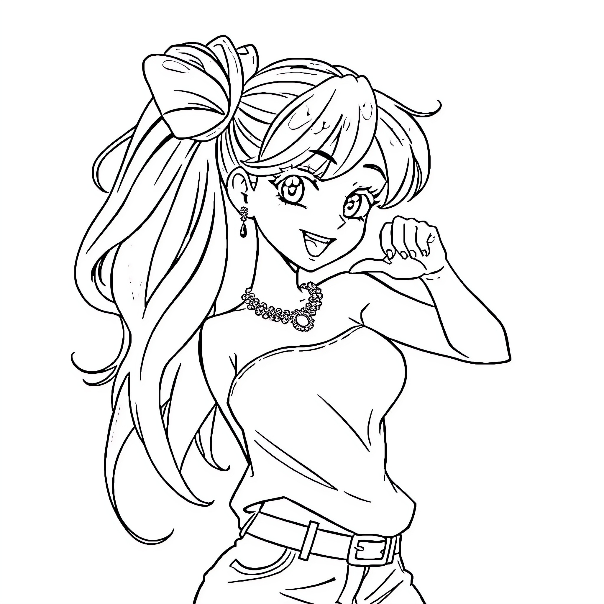 Anime Girl Posing Playfully with Accessories Coloring Page (free black-and-white line drawing printable PDF for all, from beginners to advanced learners, including children, teens, adults, and seniors)