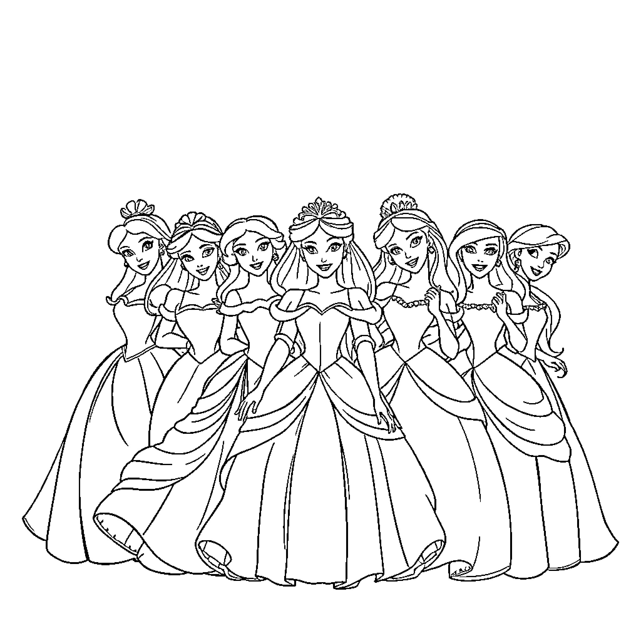 Princess Gathering in Elegant Dresses Coloring Page (free black-and-white line drawing printable PDF for all, from beginners to advanced learners, including children, teens, adults, and seniors)