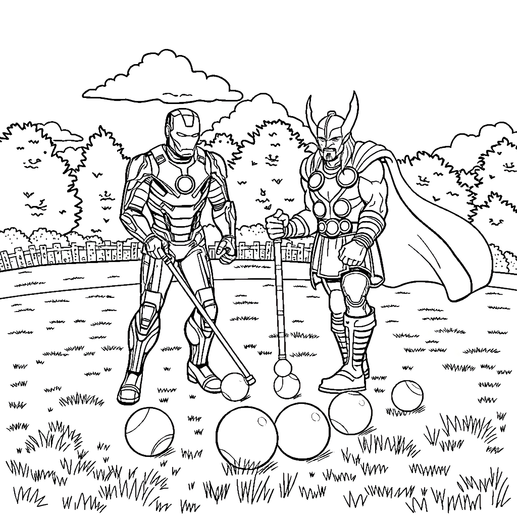 Ironman and Thor in an outdoor battle scene Coloring Page (free black-and-white line drawing printable PDF for all, from beginners to advanced learners, including children, teens, adults, and seniors)