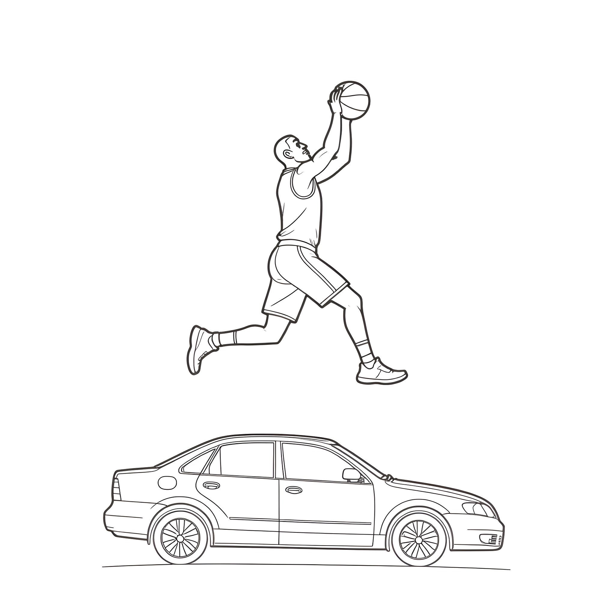 LeBron James Dunking a Basketball on a Car Coloring Page (free black-and-white line drawing printable PDF for all, from beginners to advanced learners, including children, teens, adults, and seniors)