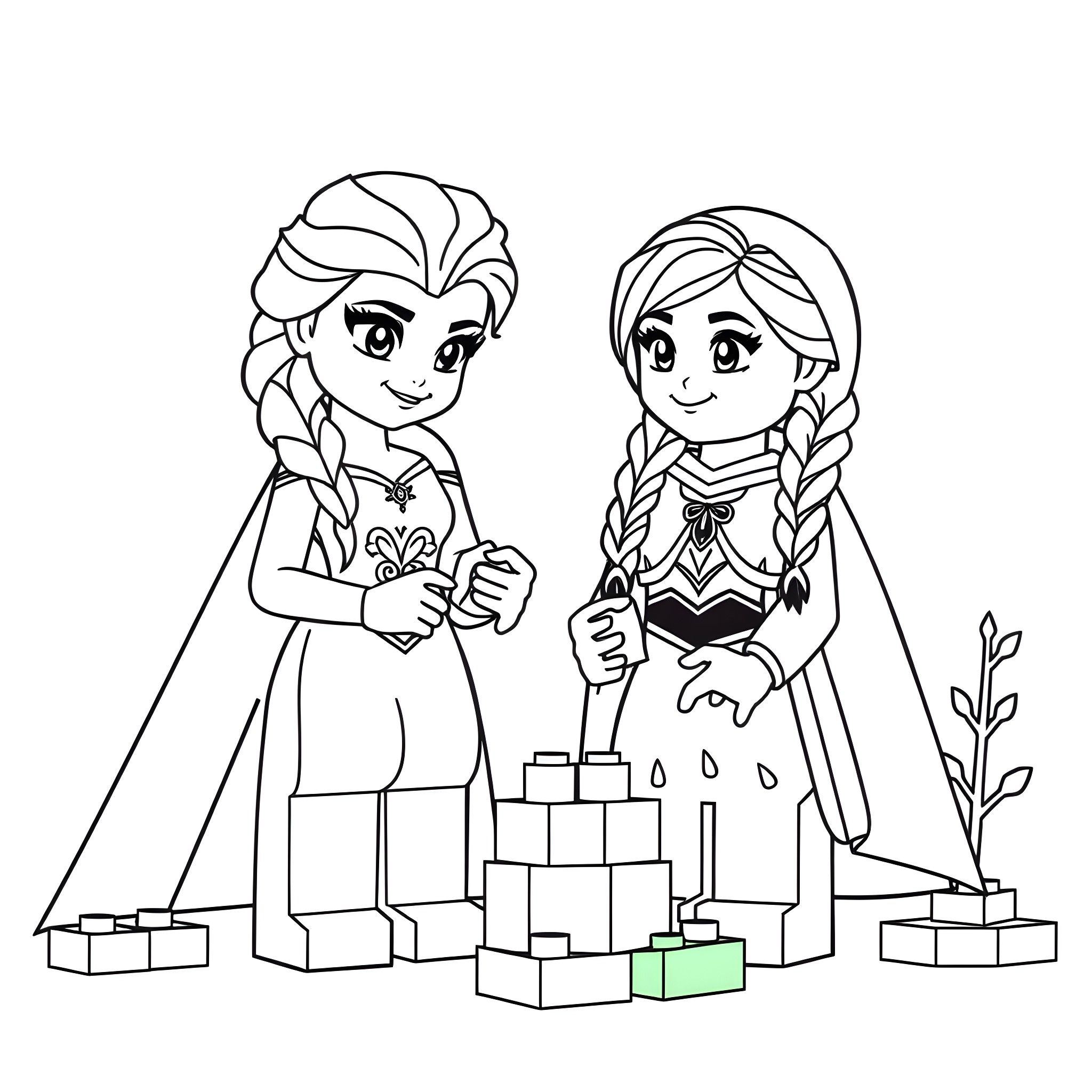 Elsa and Anna playing with building blocks Coloring Page (free black-and-white line drawing printable PDF for all, from beginners to advanced learners, including children, teens, adults, and seniors)