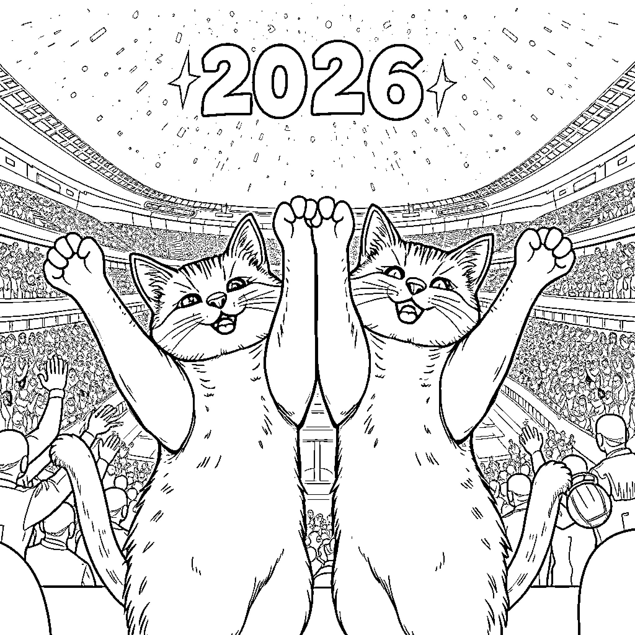 Cats celebrating the new year 2026 in stadium Coloring Page (free black-and-white line drawing printable PDF for all, from beginners to advanced learners, including children, teens, adults, and seniors)
