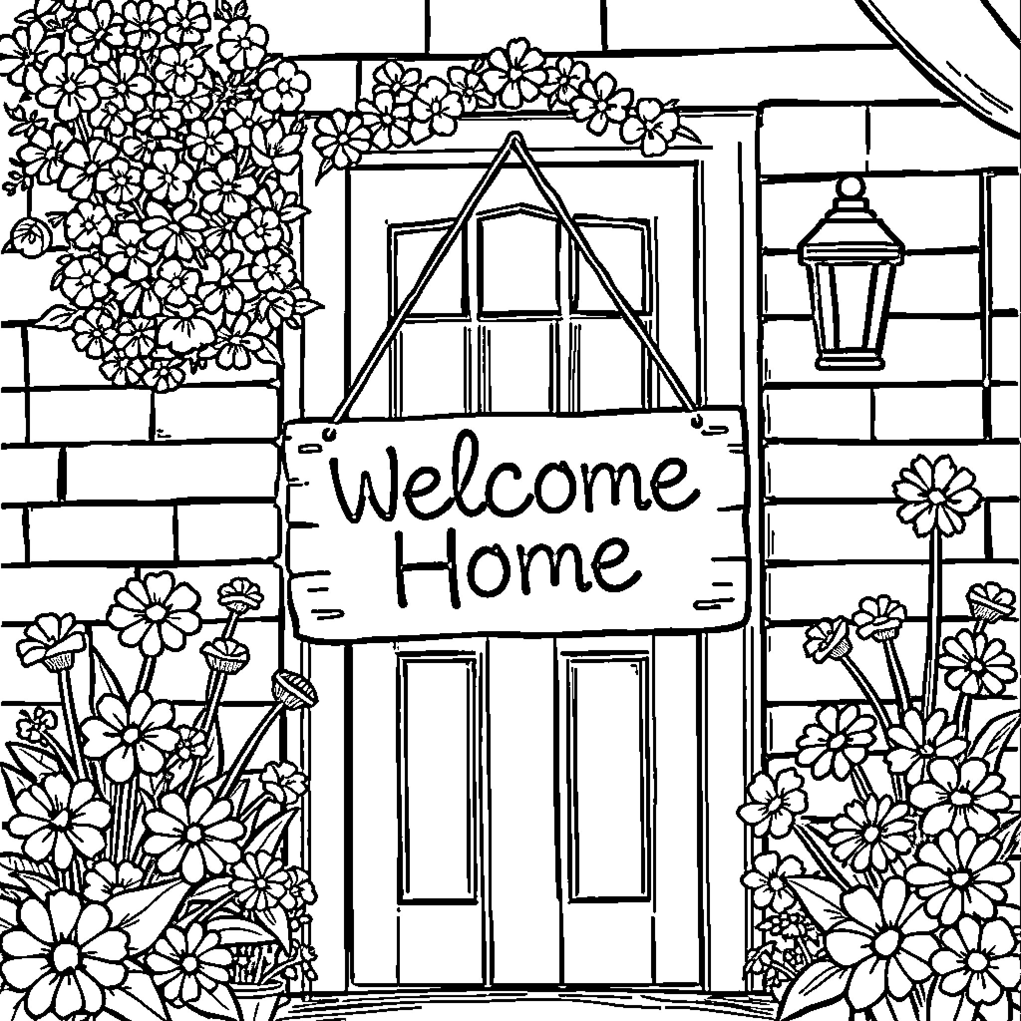 Peter's Welcoming Home in the Flowery Garden Coloring Page (free black-and-white line drawing printable PDF for all, from beginners to advanced learners, including children, teens, adults, and seniors)