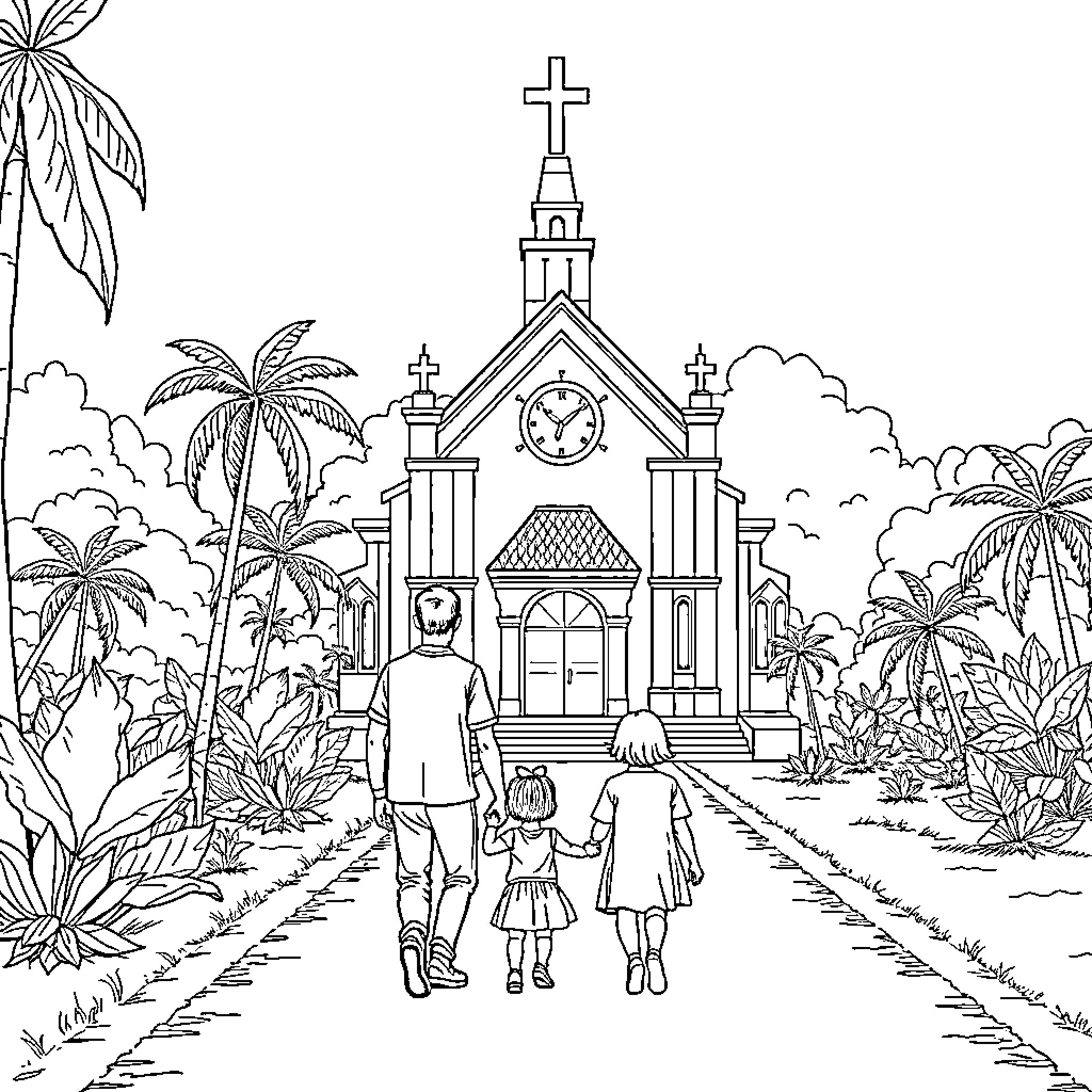 Family walking towards church in tropical landscape Coloring Page (free black-and-white line drawing printable PDF for all, from beginners to advanced learners, including children, teens, adults, and seniors)