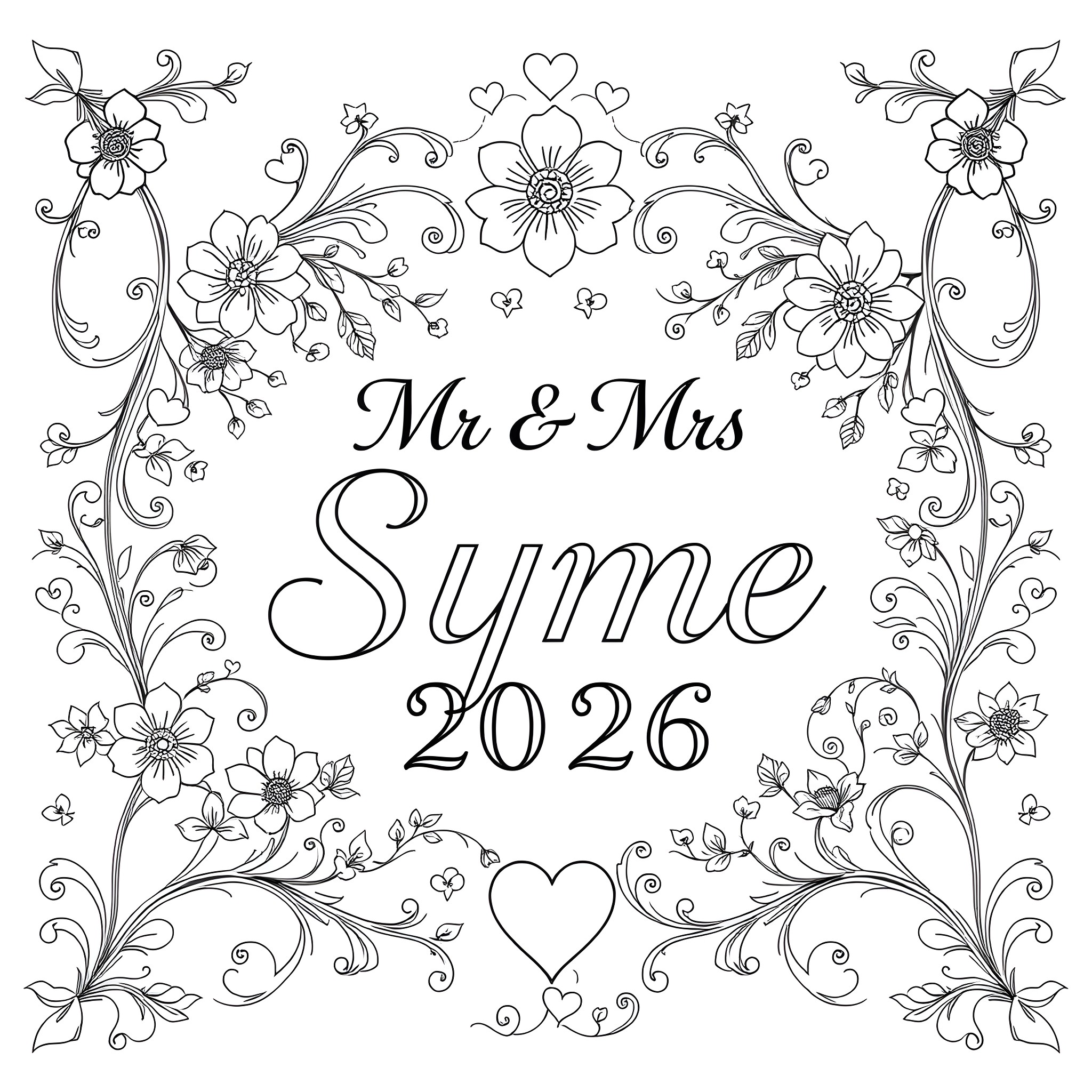Mr & Mrs Syme's Floral Celebration in 2026 Coloring Page (free black-and-white line drawing printable PDF for all, from beginners to advanced learners, including children, teens, adults, and seniors)